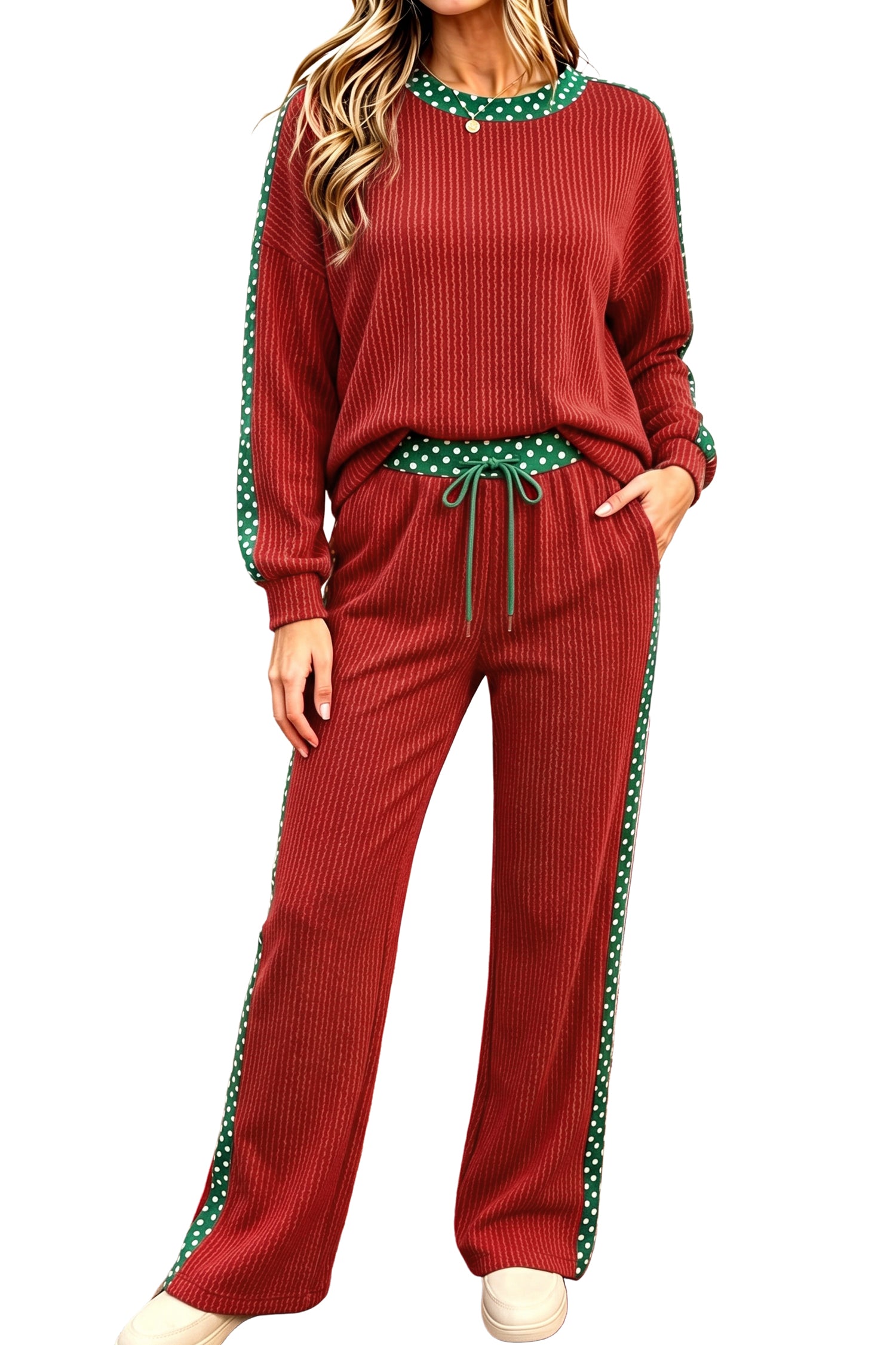 Simply Taupe Cozy Ribbed Patchwork Leopard Trim Long Sleeve 2pcs Pant Set