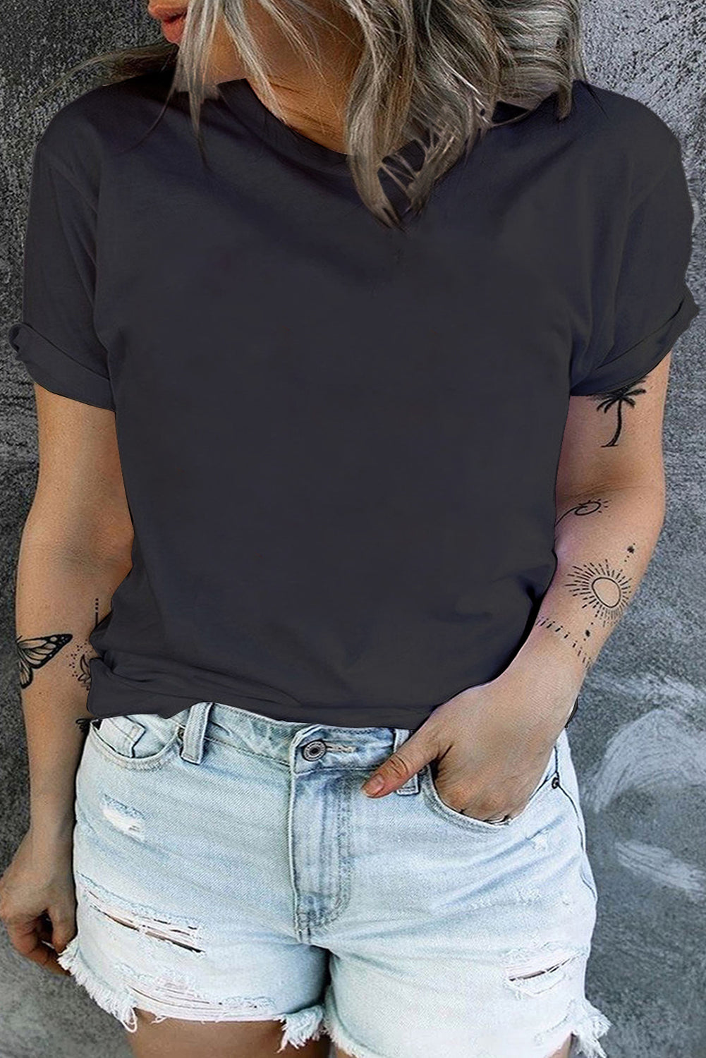 Dark Green Round Neck Rolled Sleeve Plus Size T-Shirt