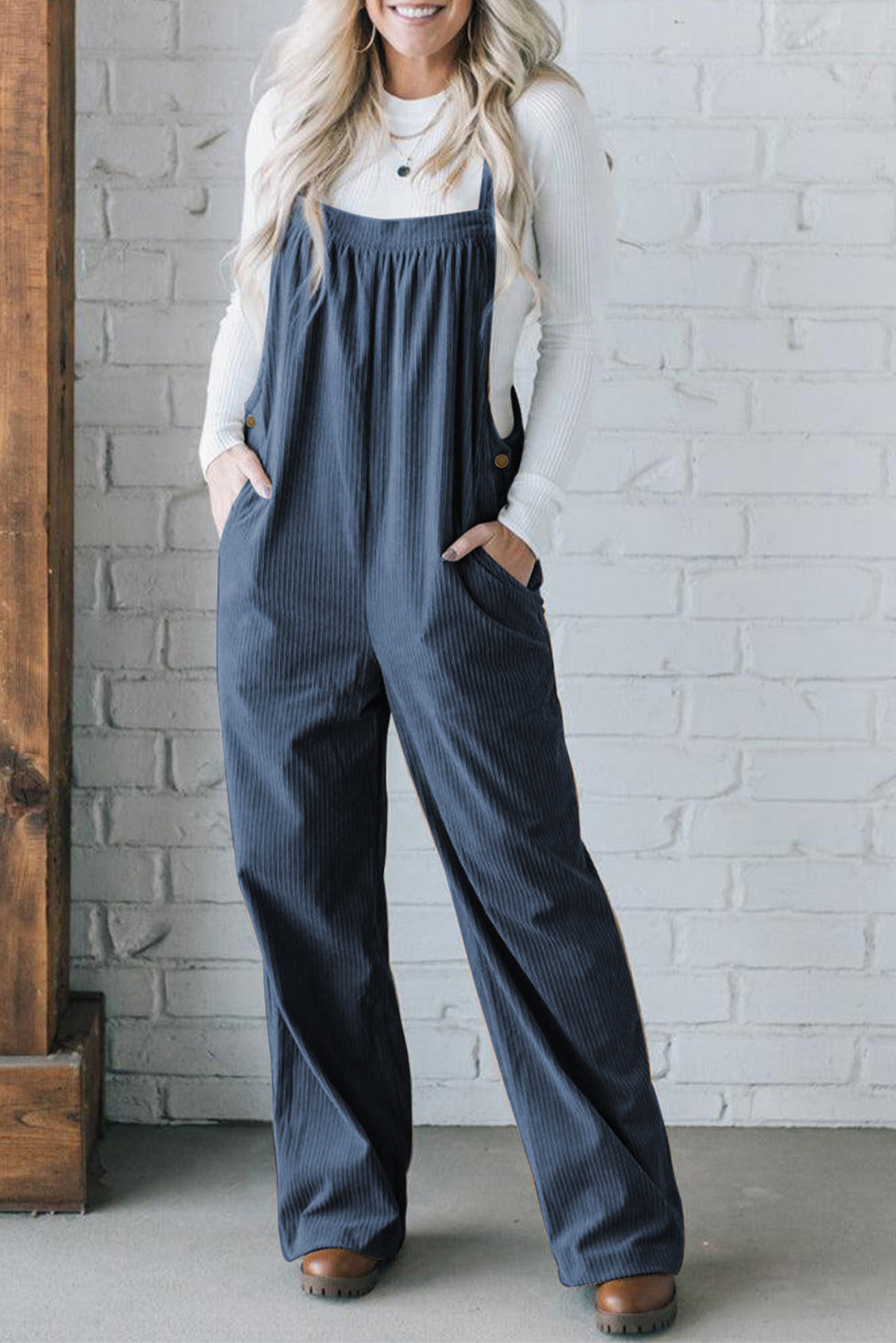 Jungle Green Button Adjustable Straps Solid Color Corduroy Jumpsuit