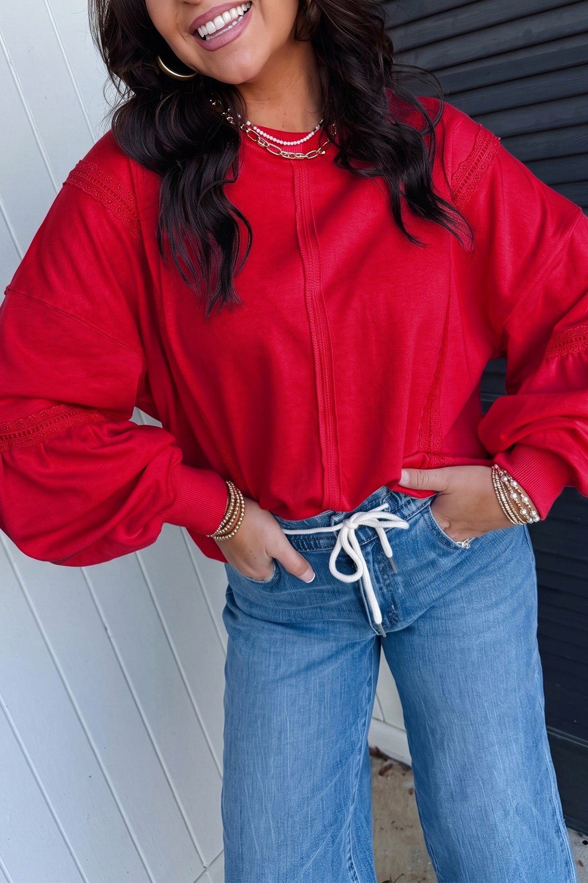 Pink Solid Color Raw Seam Lace Detail Loose Casual Sweatshirt
