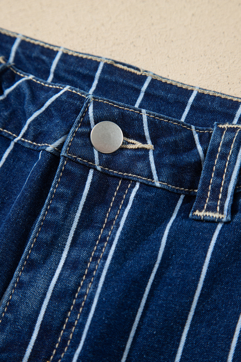 Blue Stripe Metal Button Detail Denim Shorts