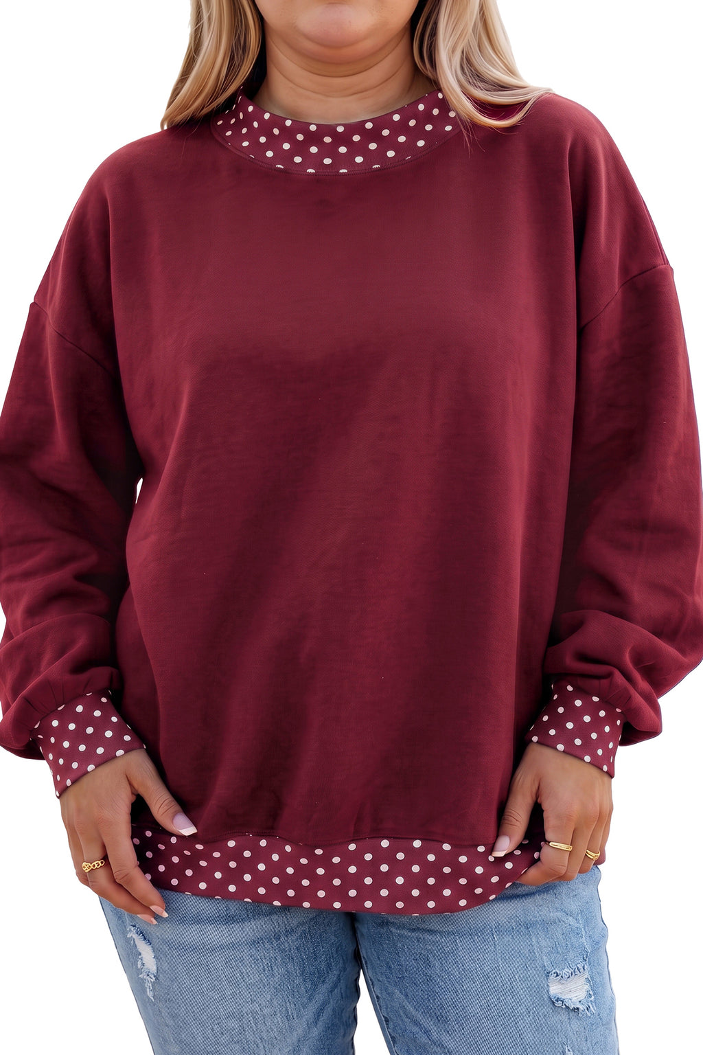 Brown Polka Dot Patchwork Round Neck Plus Size Sweatshirt