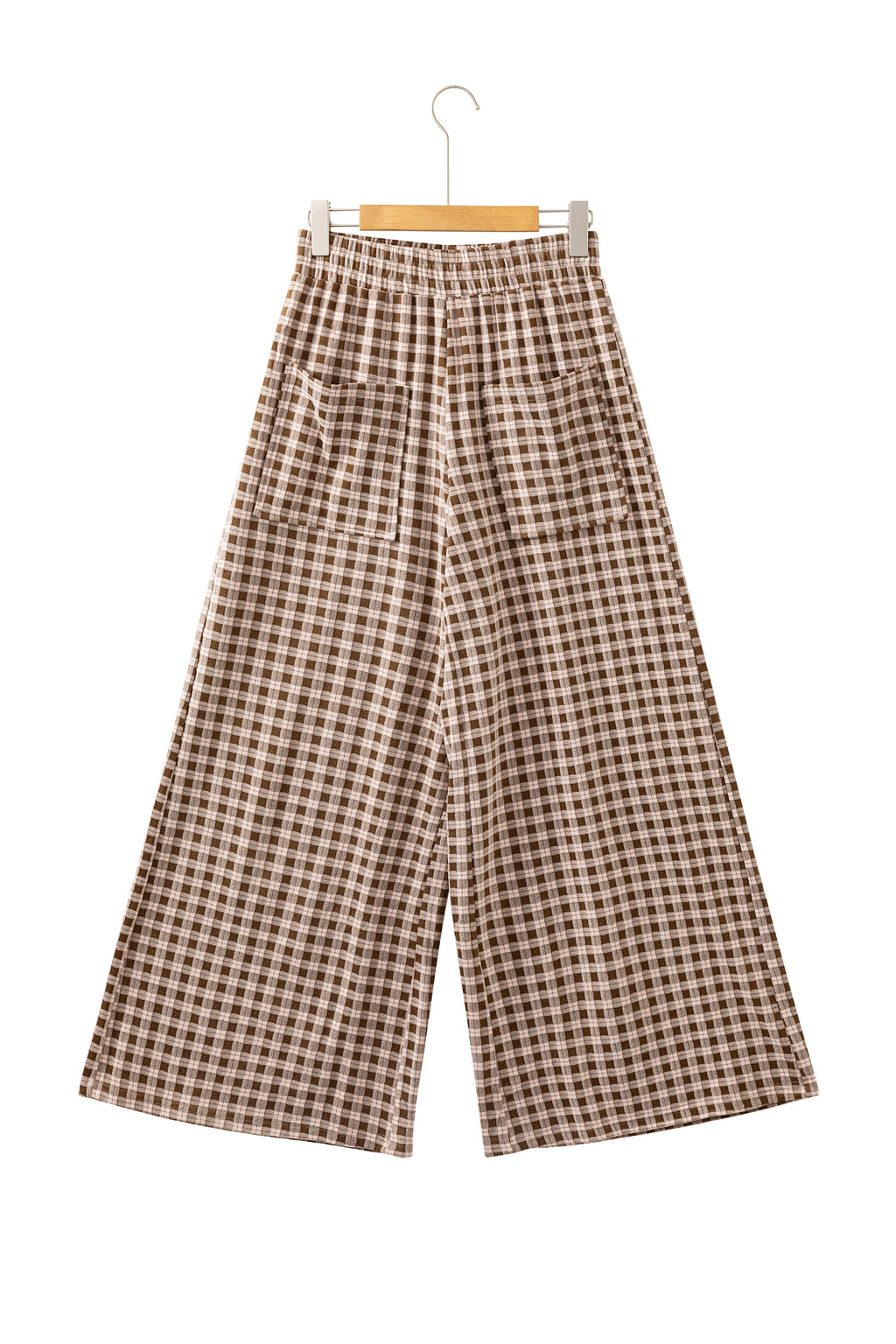 Khaki Plaid Elastic Waist Patch Pocket Wide Leg Pants