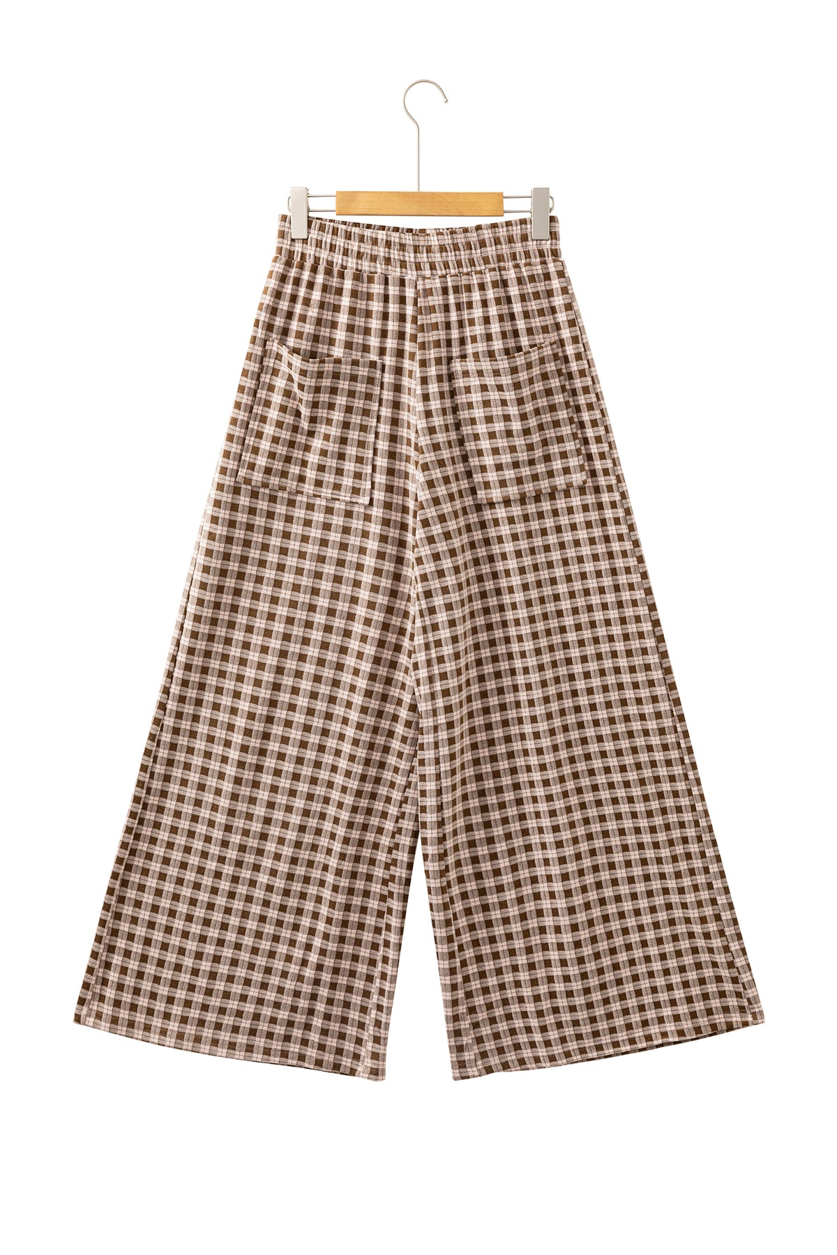 Khaki Plaid Elastic Waist Patch Pocket Wide Leg Pants