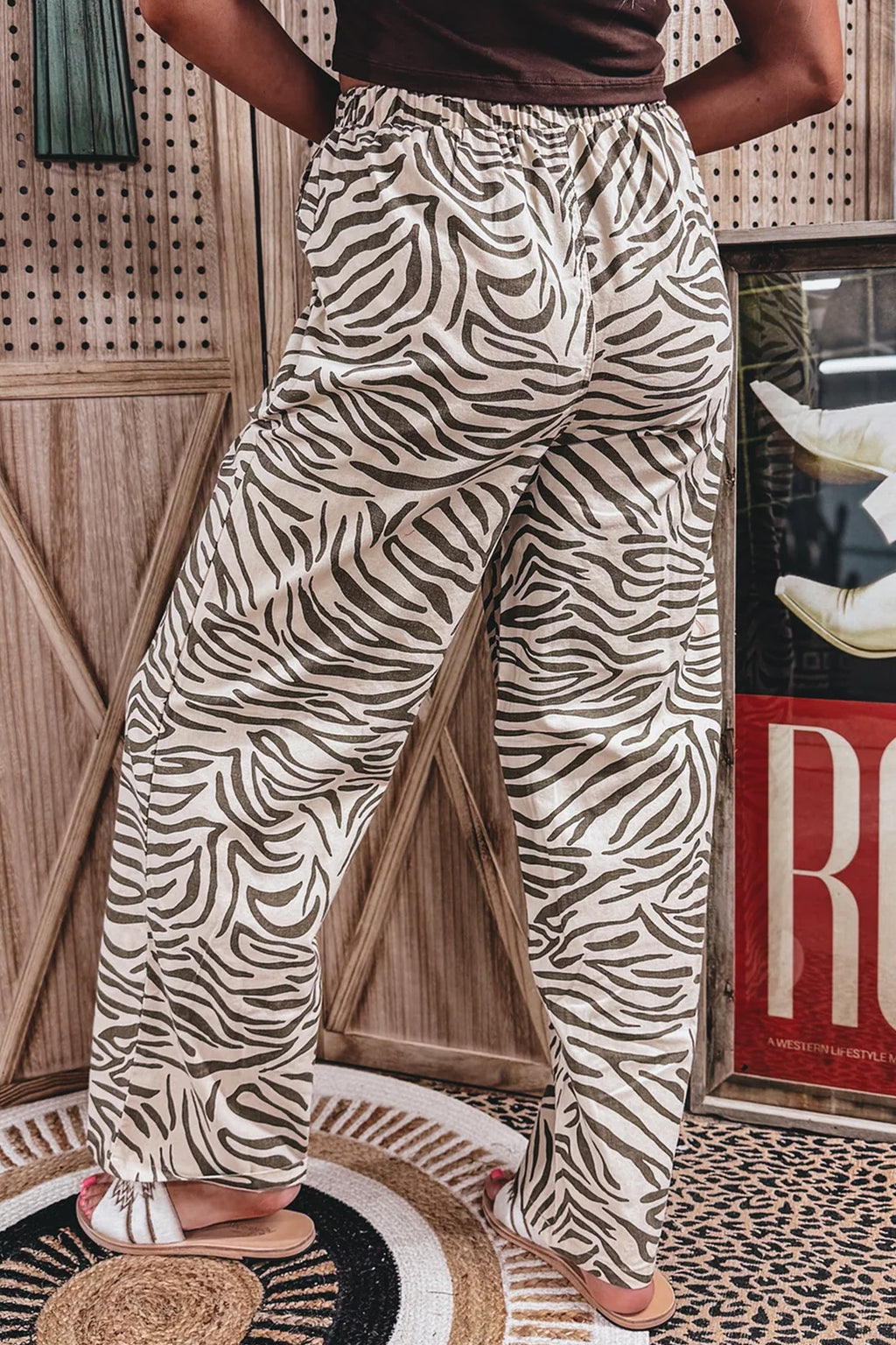 Multicolour Western Print Zebra Pattern Elastic Waist Pocket Full-Length Pants