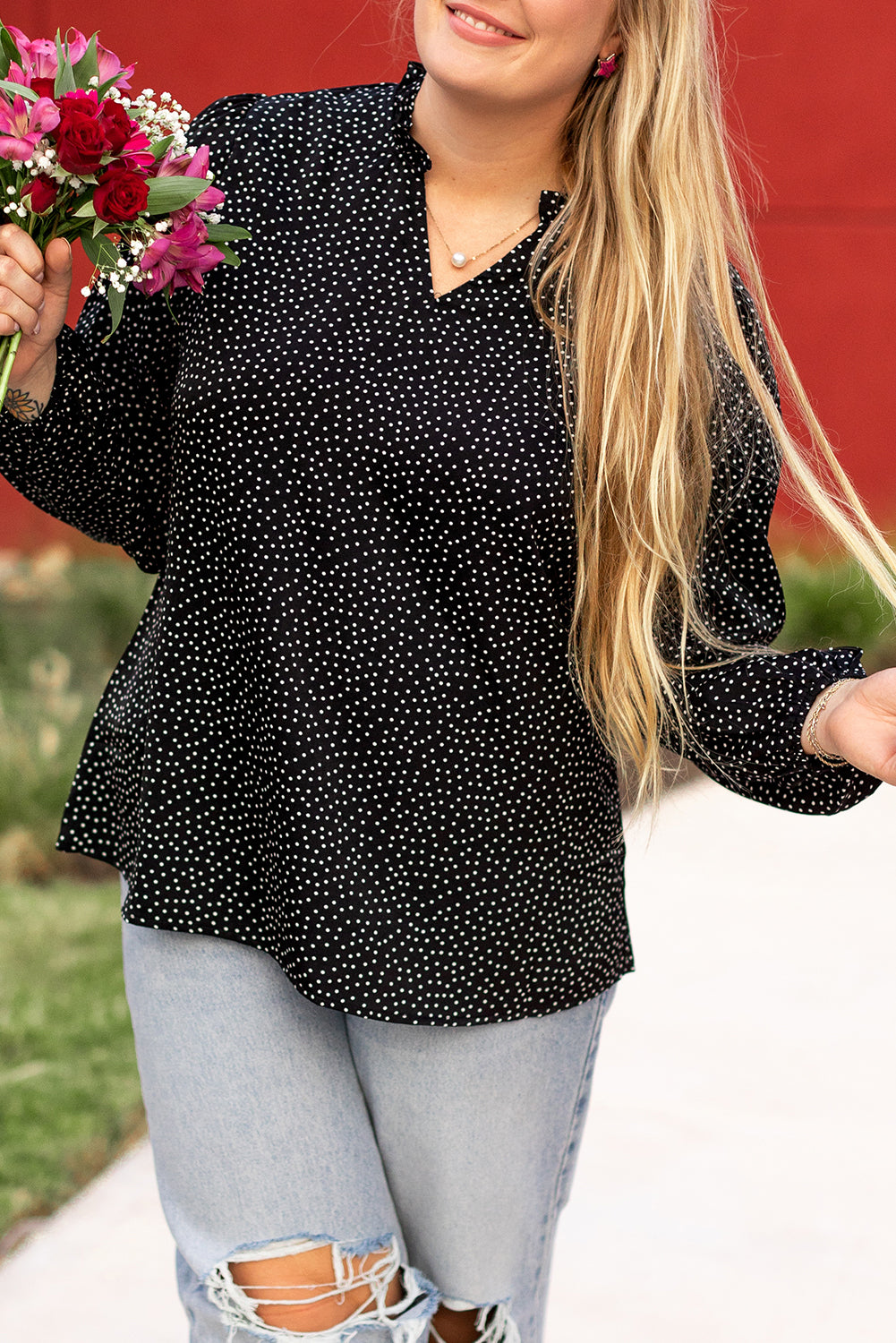 Black Plus Size Polka Dot Print Notch V Neck Blouse