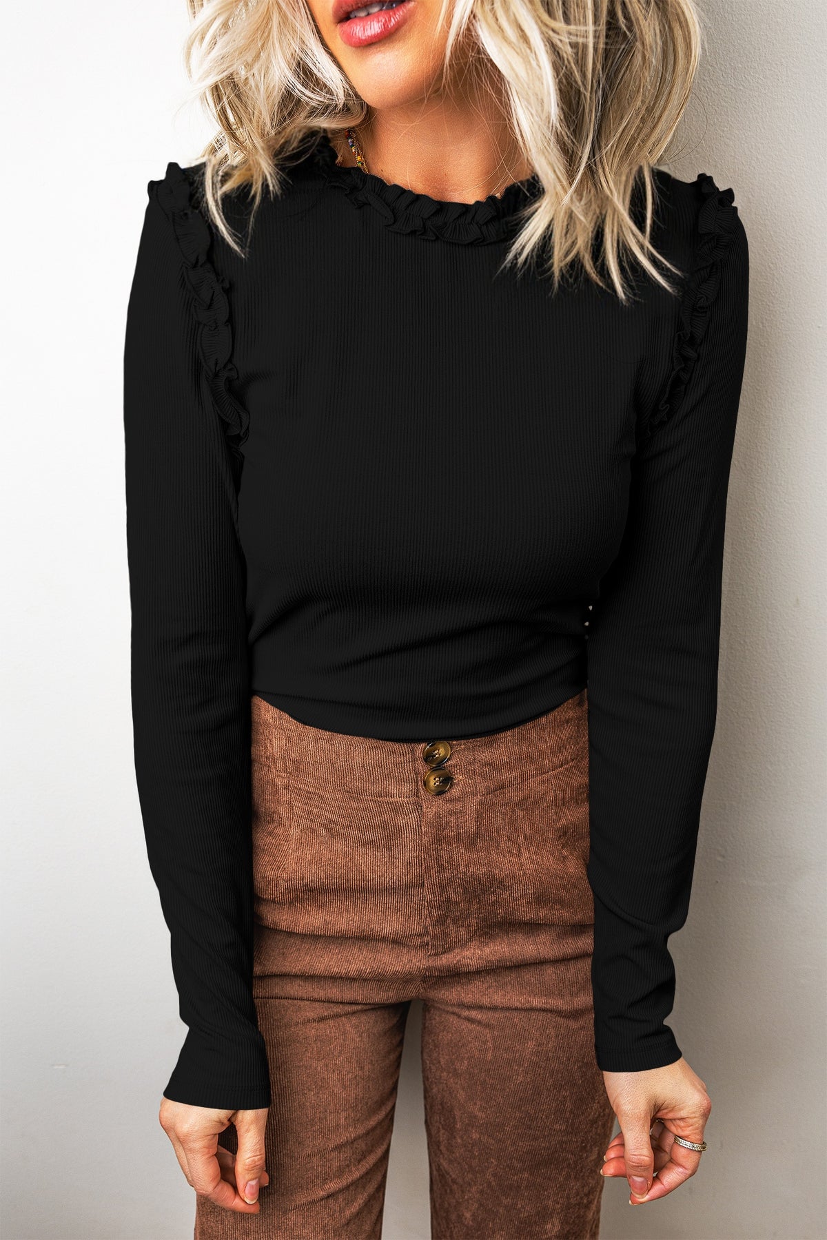 Black Solid Color Round Neck Frill Detail Long Sleeve Top