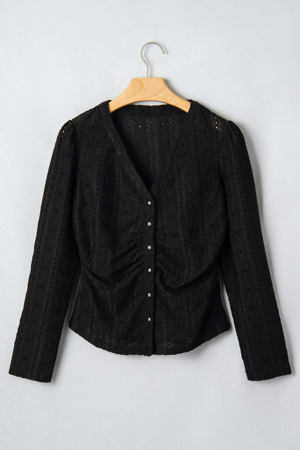Black V Neck Floral Knit Long Sleeve Button Front Fit Blouse