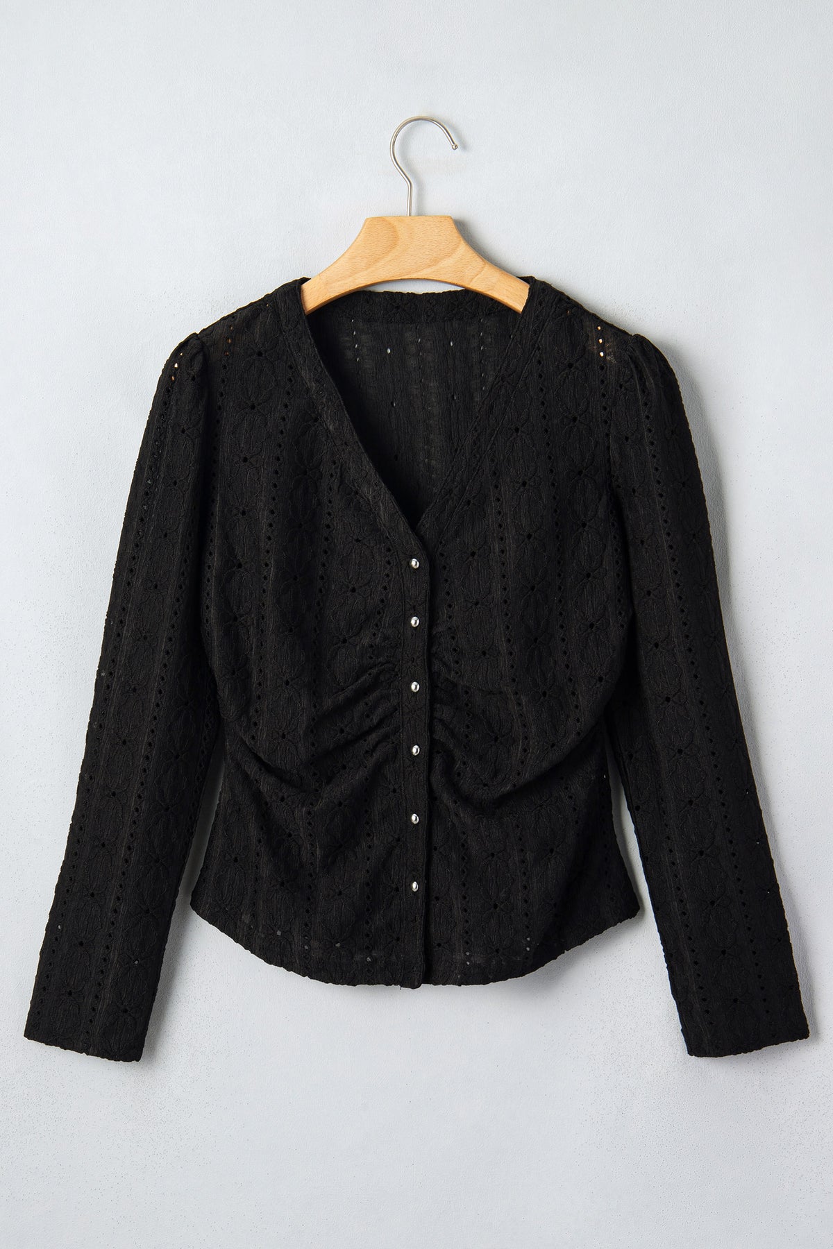 Black V Neck Floral Knit Long Sleeve Button Front Fit Blouse