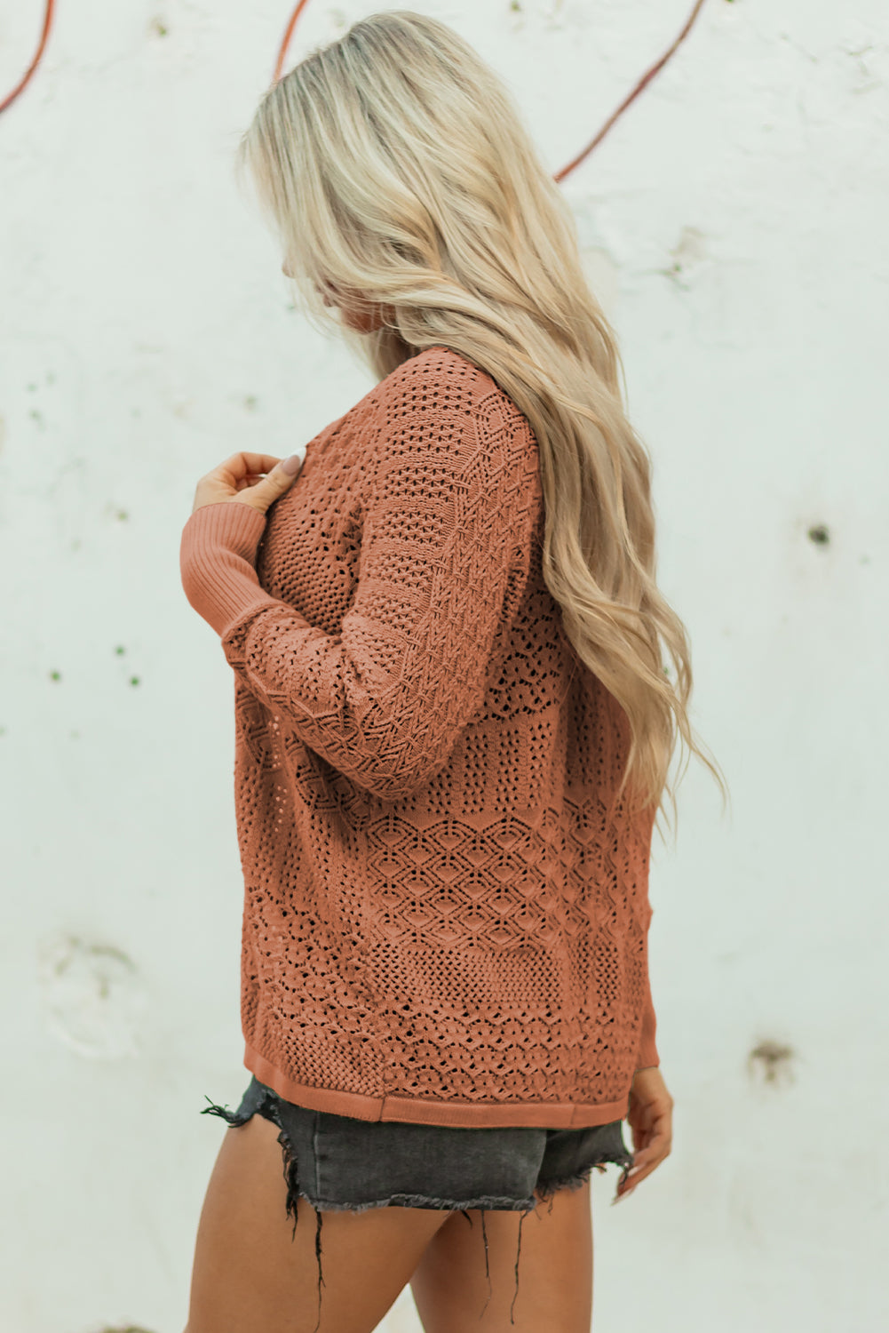 Jet Stream Mix Pattern Hollowed Knit Open Front Cardigan