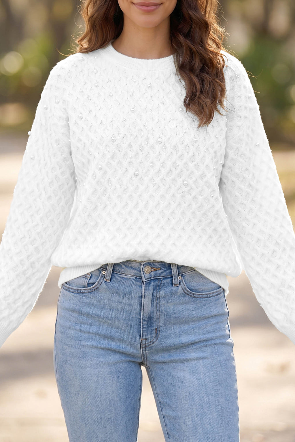 White Solid Textured Knit Pearl Embellished Pullover Sweater
