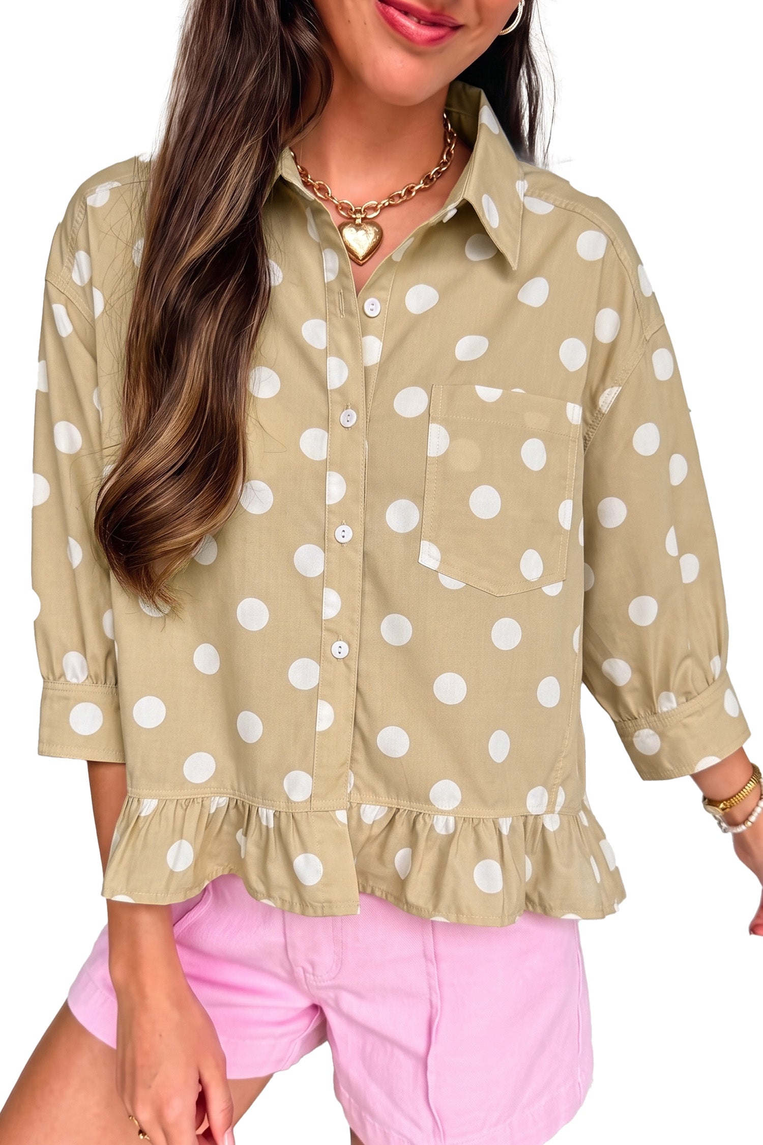 White Polka Dot Print Three Quarter Sleeve Ruffle Hem Casual Shirt
