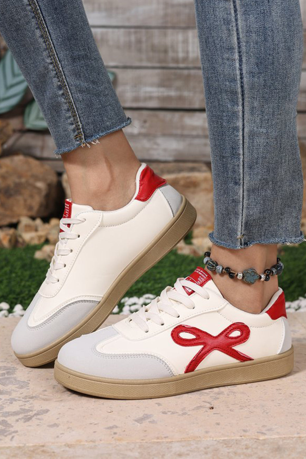 Pink Cute Bow Patch Color Block PU Leather Sneakers