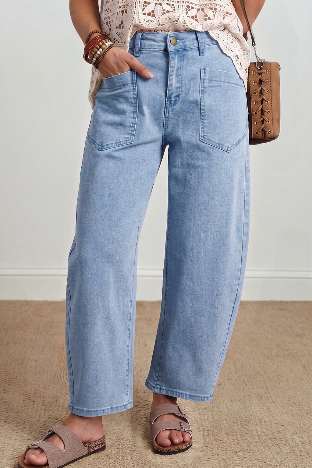 Four Leaf Clover Solid Color Square Patch Pocket Ankle-length Barrel Jeans