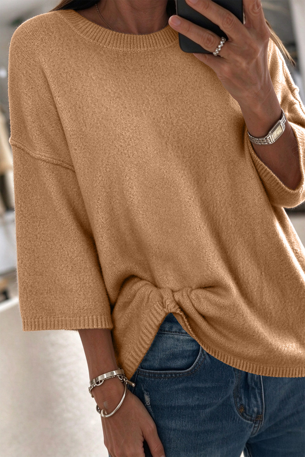 White Solid Color Knit Half Sleeve Round Neck Shift Sweater