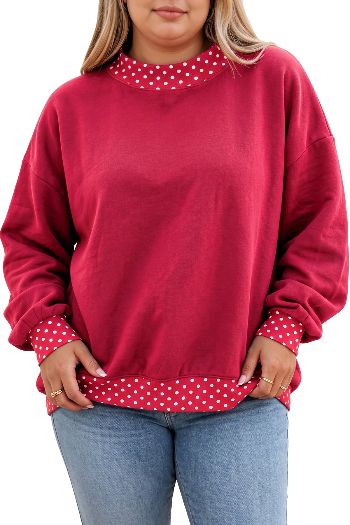 Black Polka Dot Patchwork Round Neck Plus Size Sweatshirt