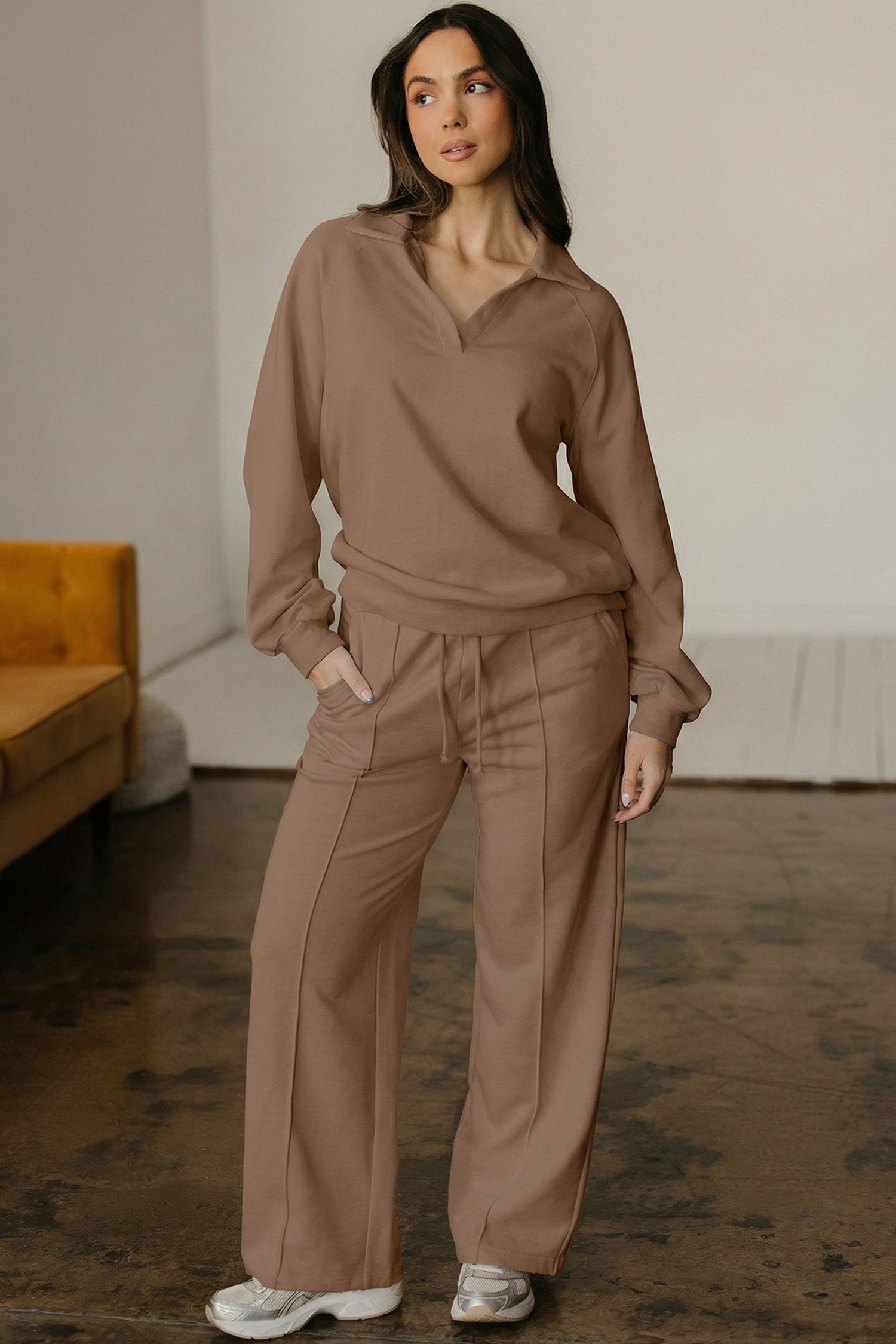 Bright Pink Polo Collar V Neck Pullover and Drawstring Sweatpants Set