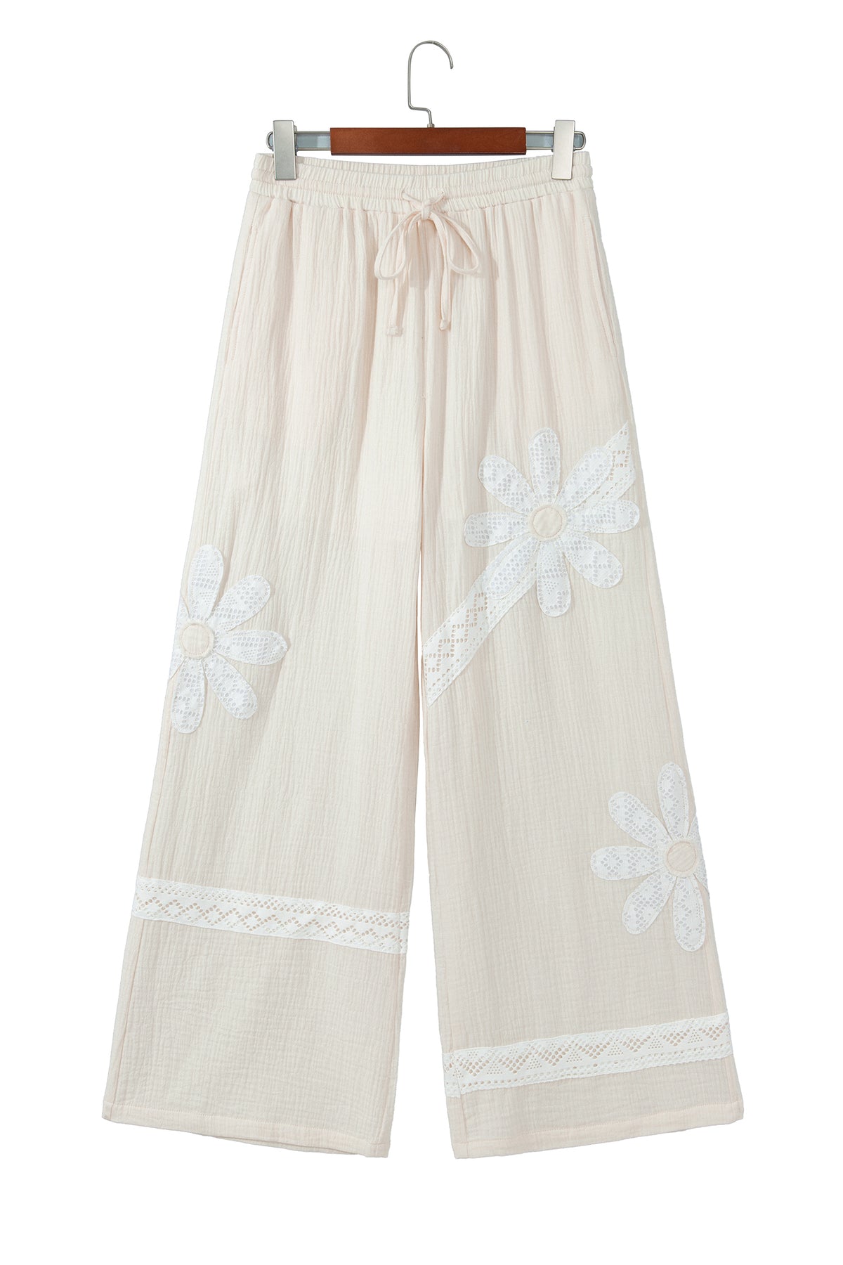 White Floral Lace Patchwork Boho Wide Leg Casual Pants