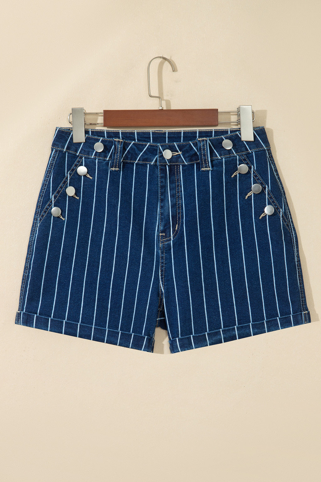 Blue Stripe Metal Button Detail Denim Shorts