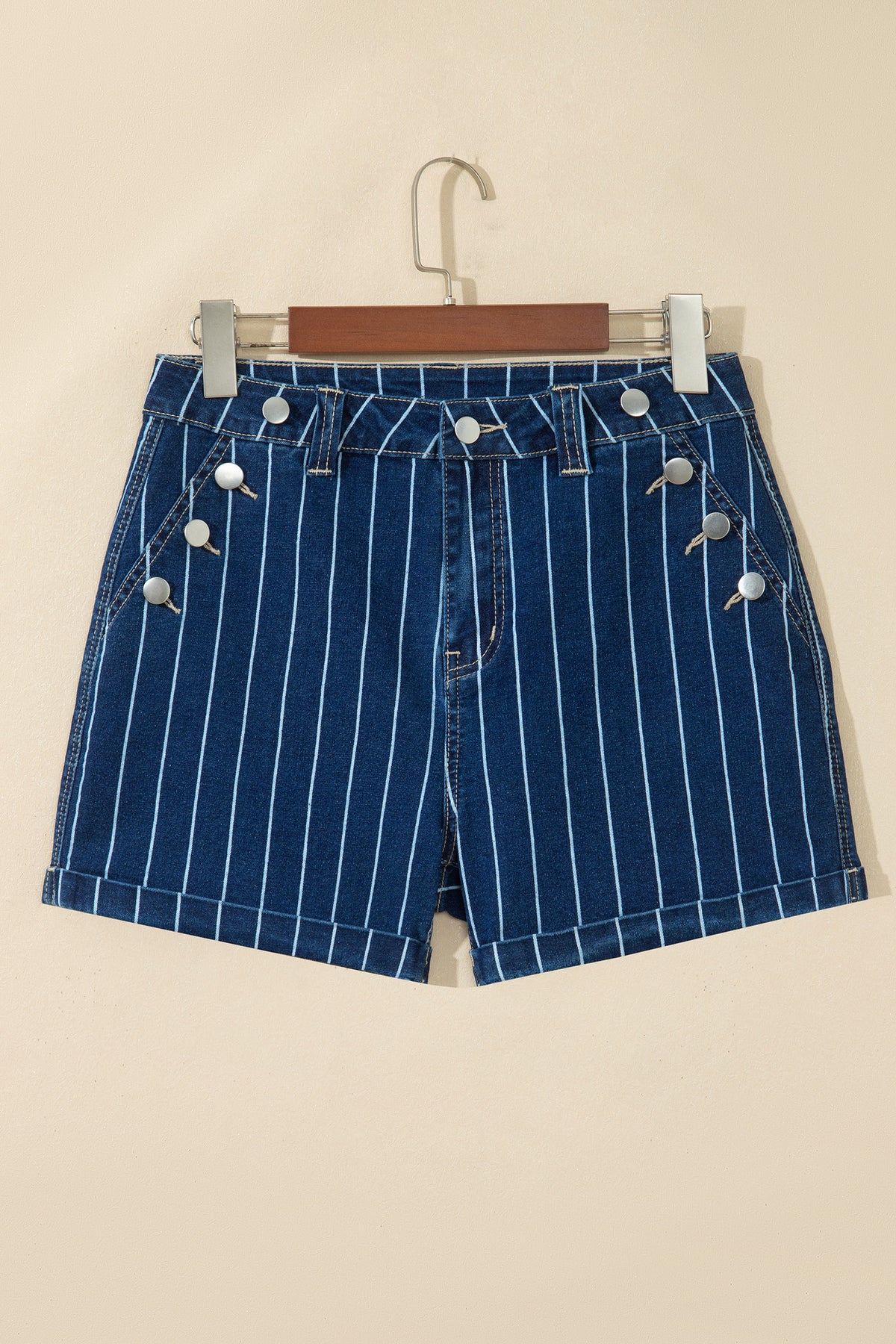 Blue Stripe Metal Button Detail Denim Shorts