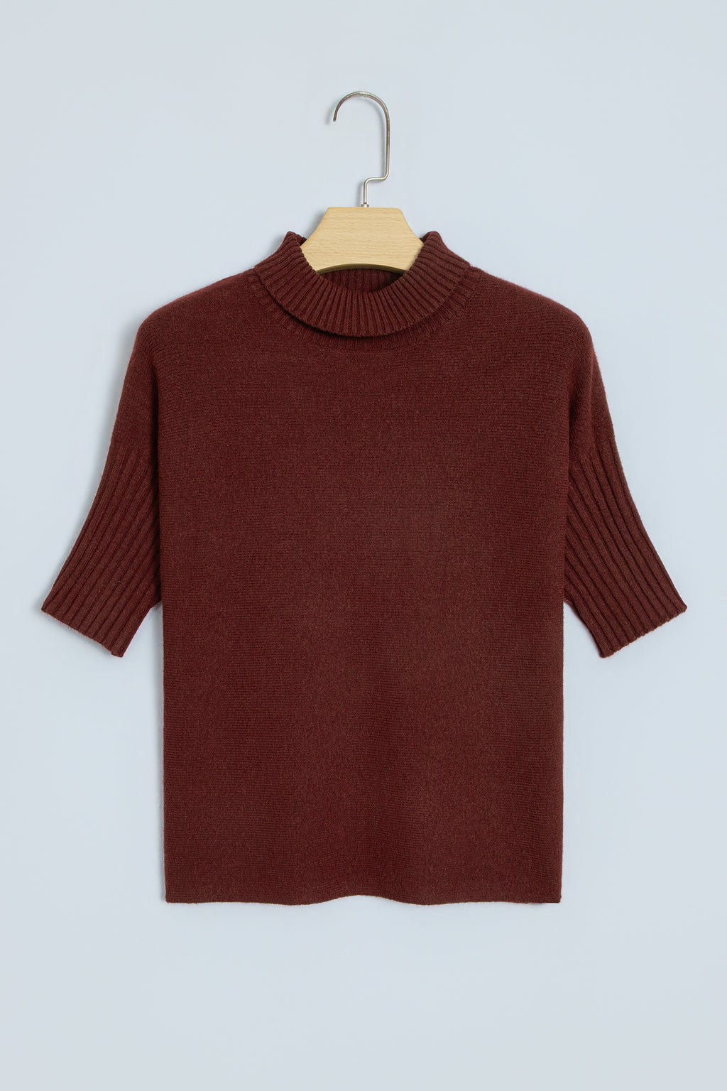 Dark Brown Ribbed Trim High Neck Short Sleeve Casual Sweater