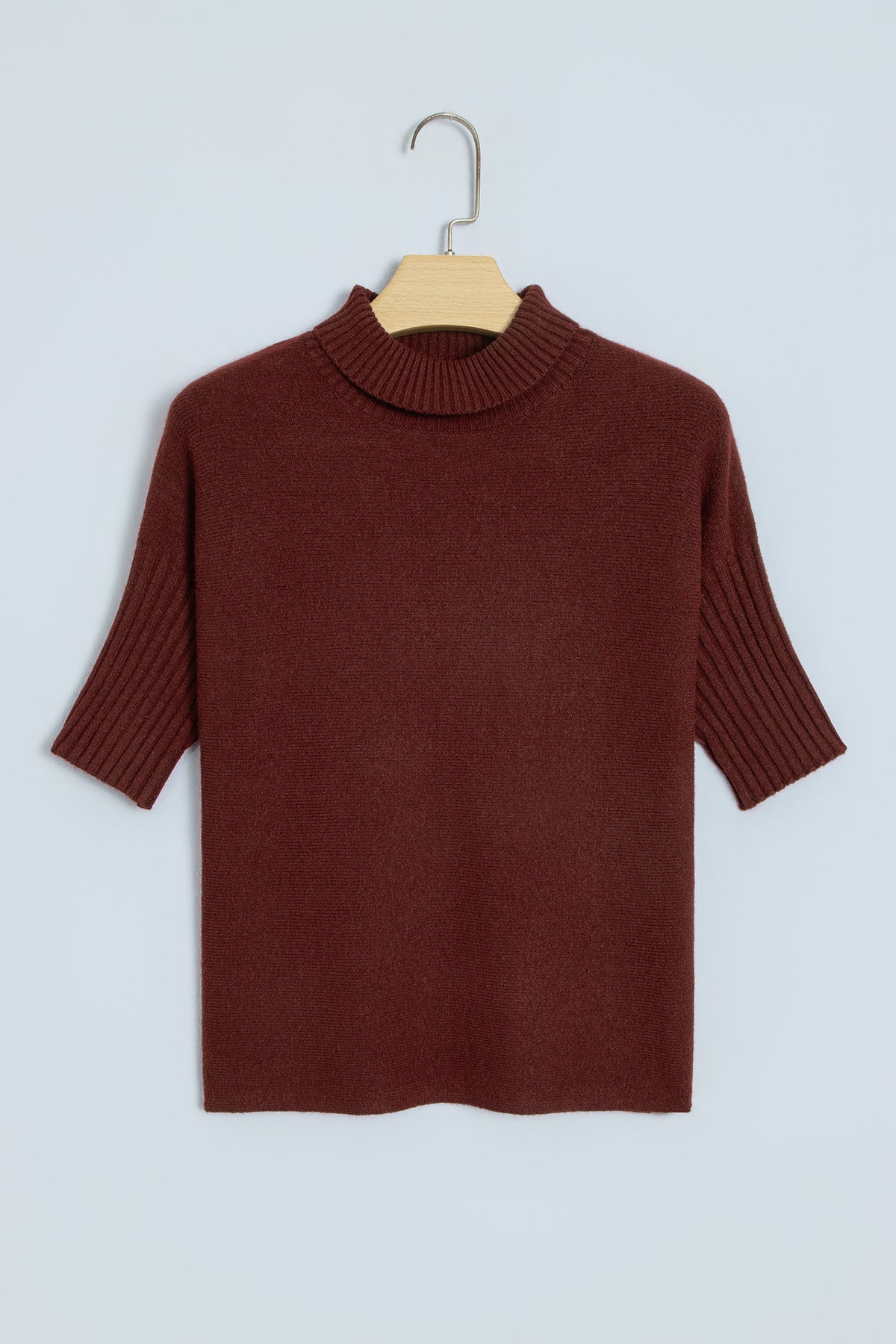 Dark Brown Ribbed Trim High Neck Short Sleeve Casual Sweater