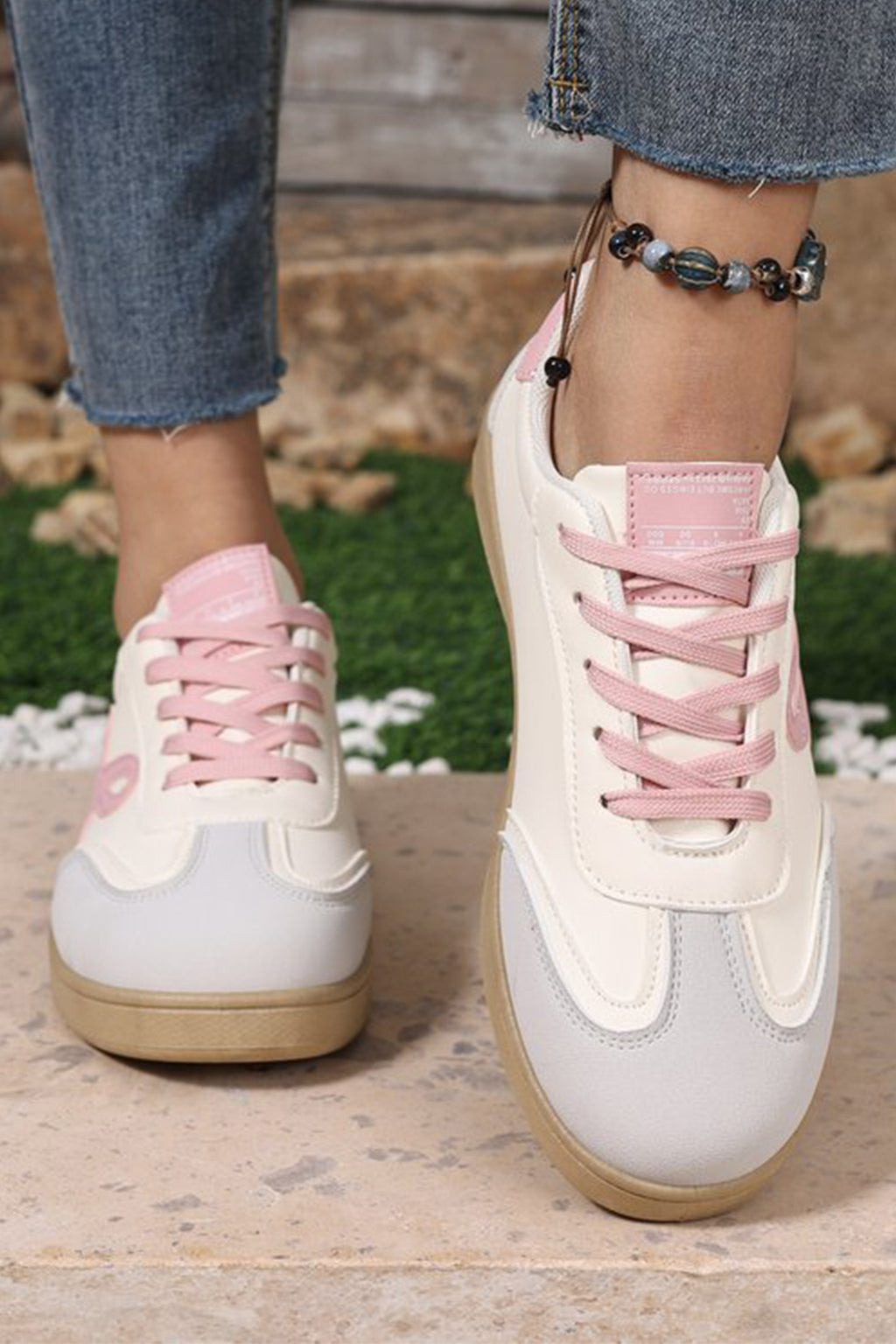 Pink Cute Bow Patch Color Block PU Leather Sneakers