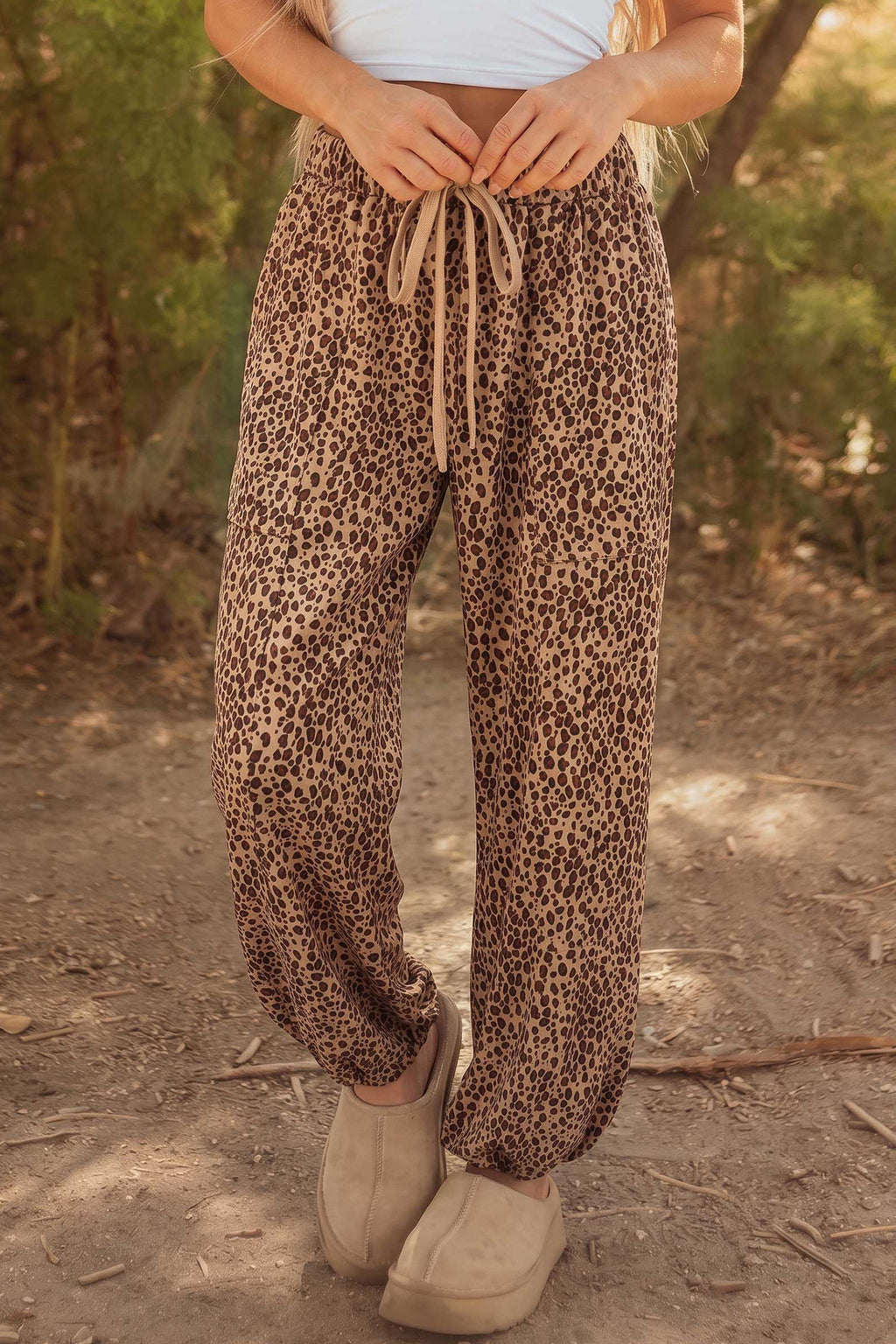 Khaki Leopard Print Drawstring Waist Patch Pockets Pants