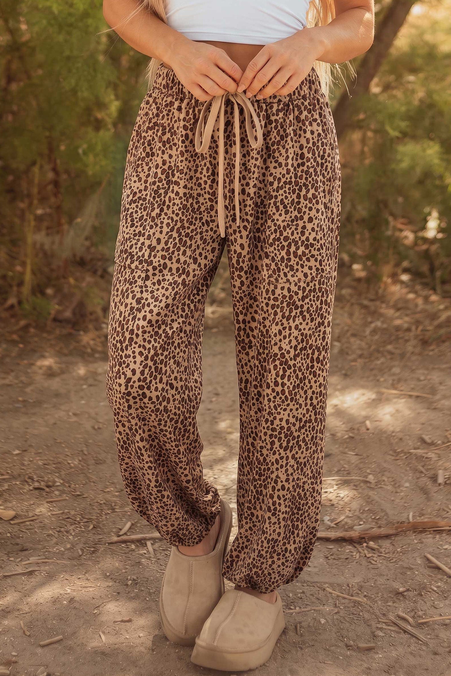 Khaki Leopard Print Drawstring Waist Patch Pockets Pants
