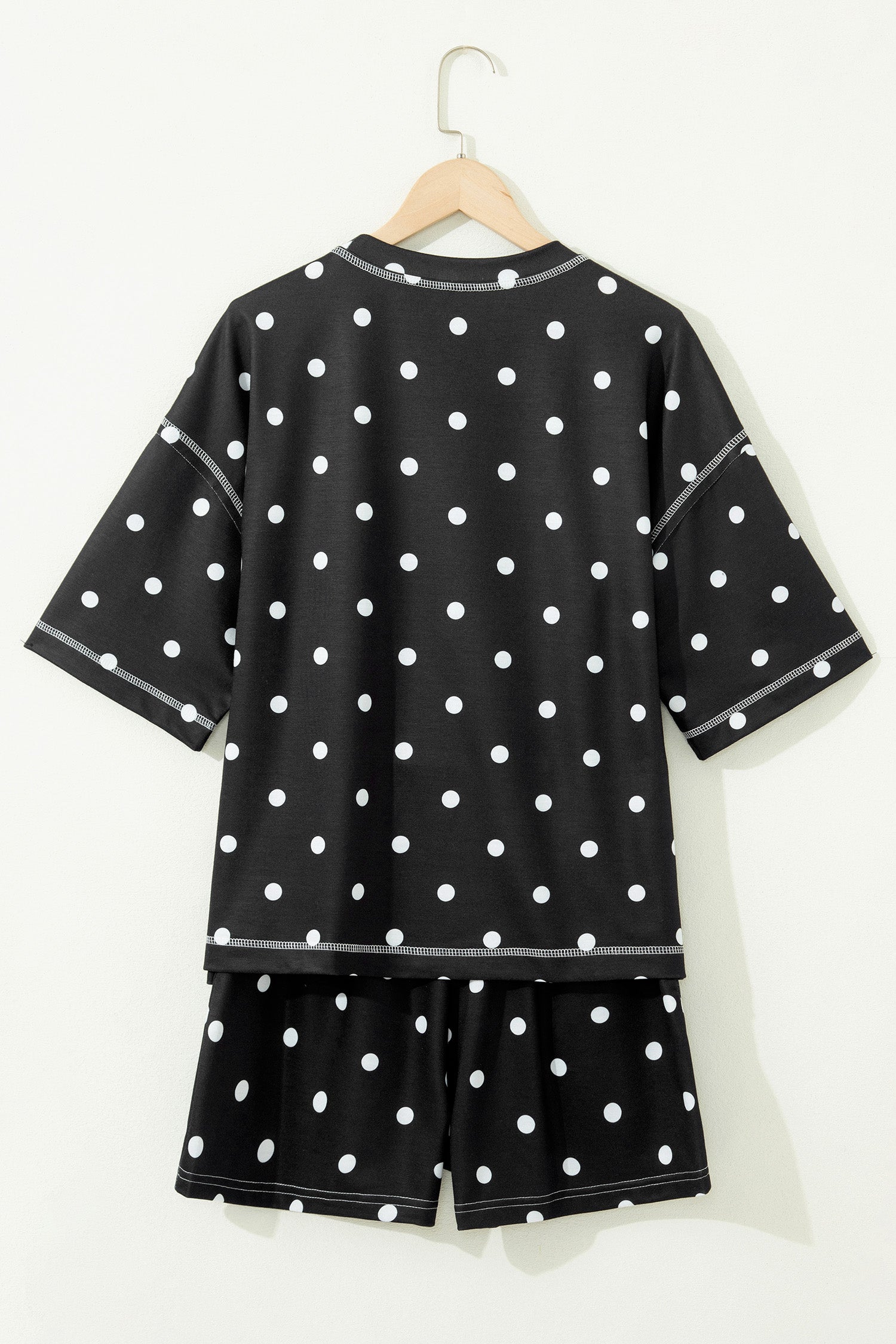 White Exposed Seam Detail Polka Dot Loose Tee Drawstring Shorts Set