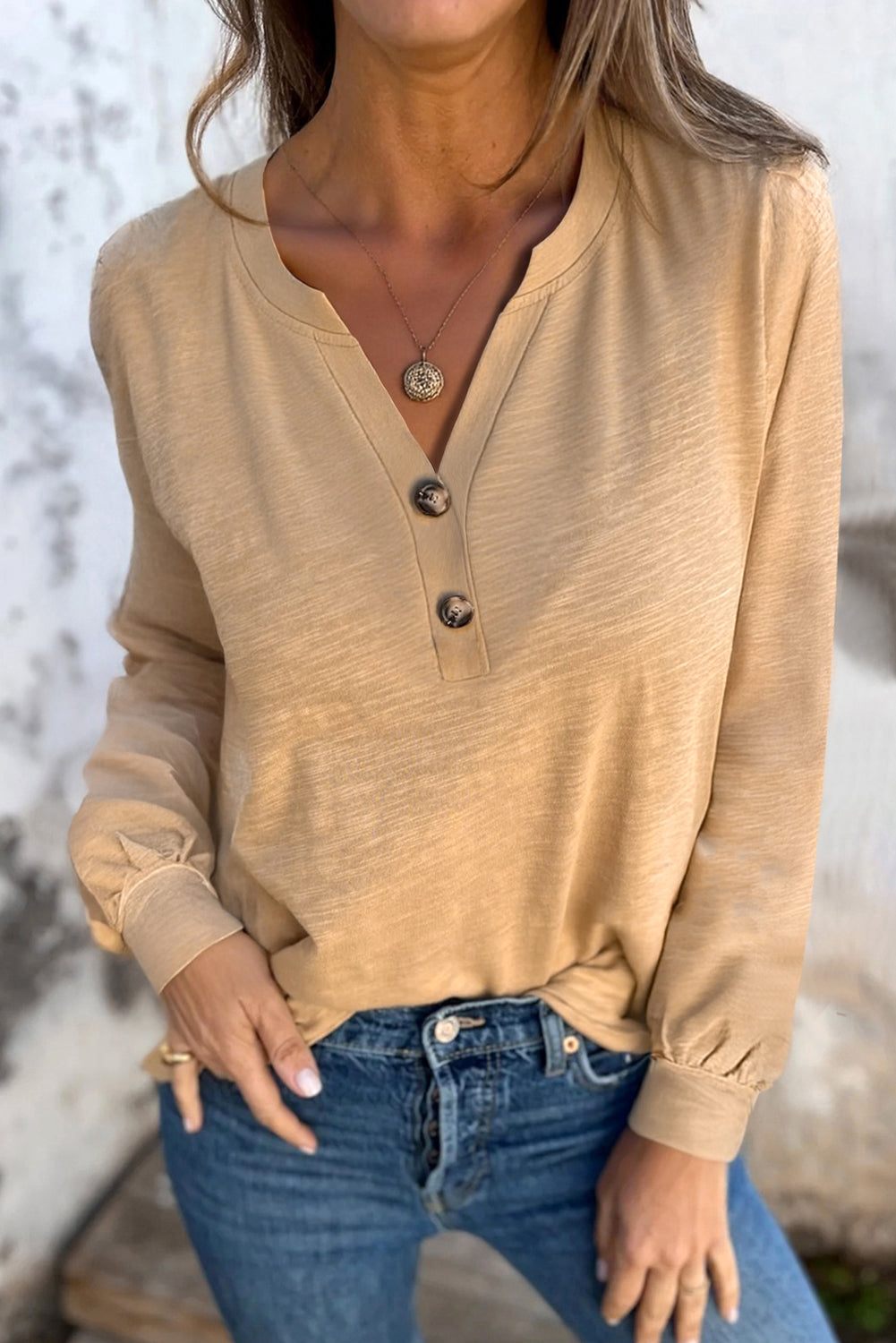 Racing Red Solid Color Button V Neck Long Sleeve Top