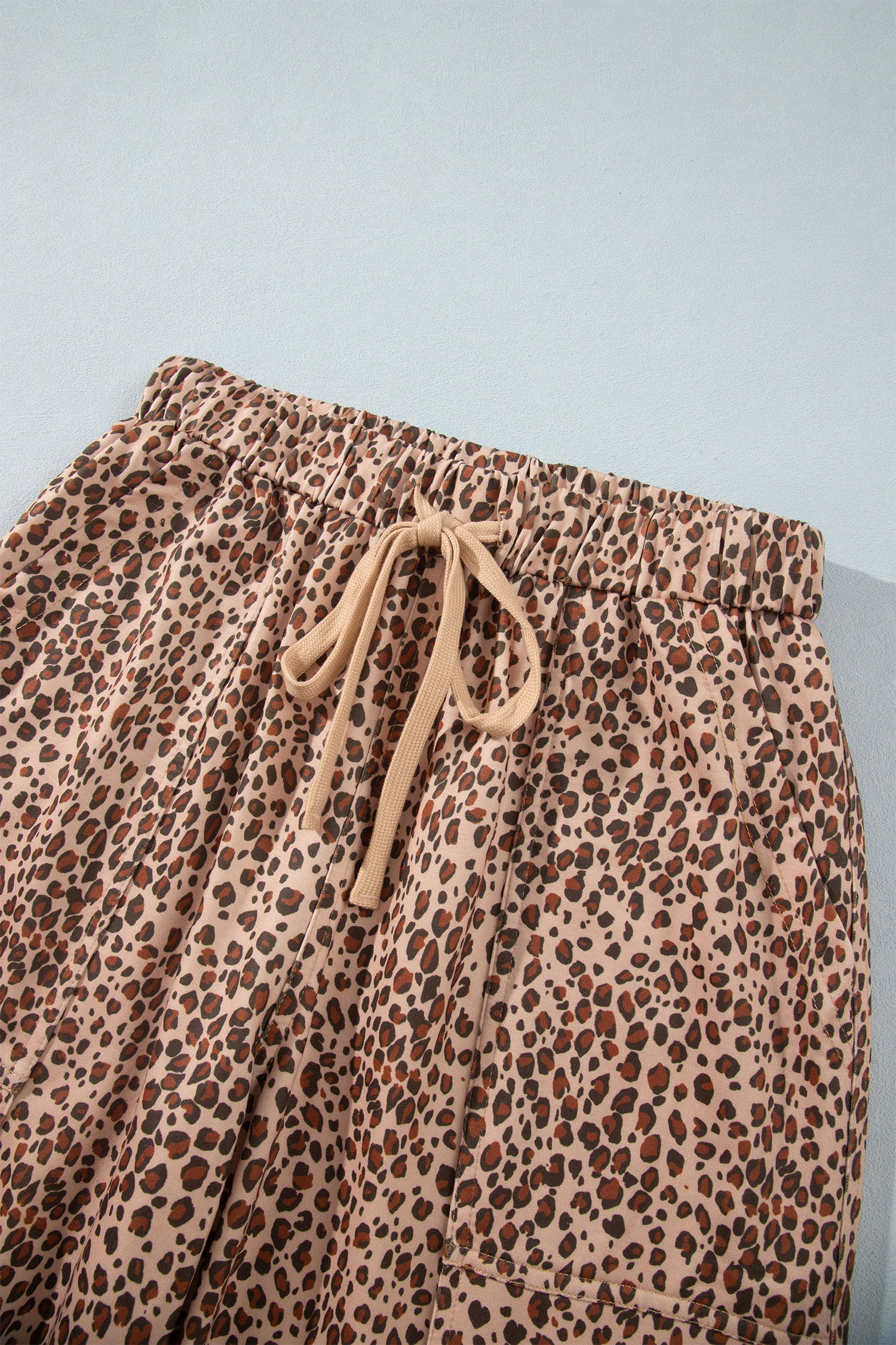 Khaki Leopard Print Drawstring Waist Patch Pockets Pants