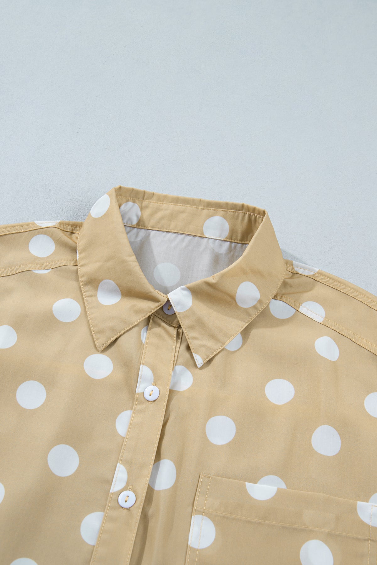White Polka Dot Print Three Quarter Sleeve Ruffle Hem Casual Shirt