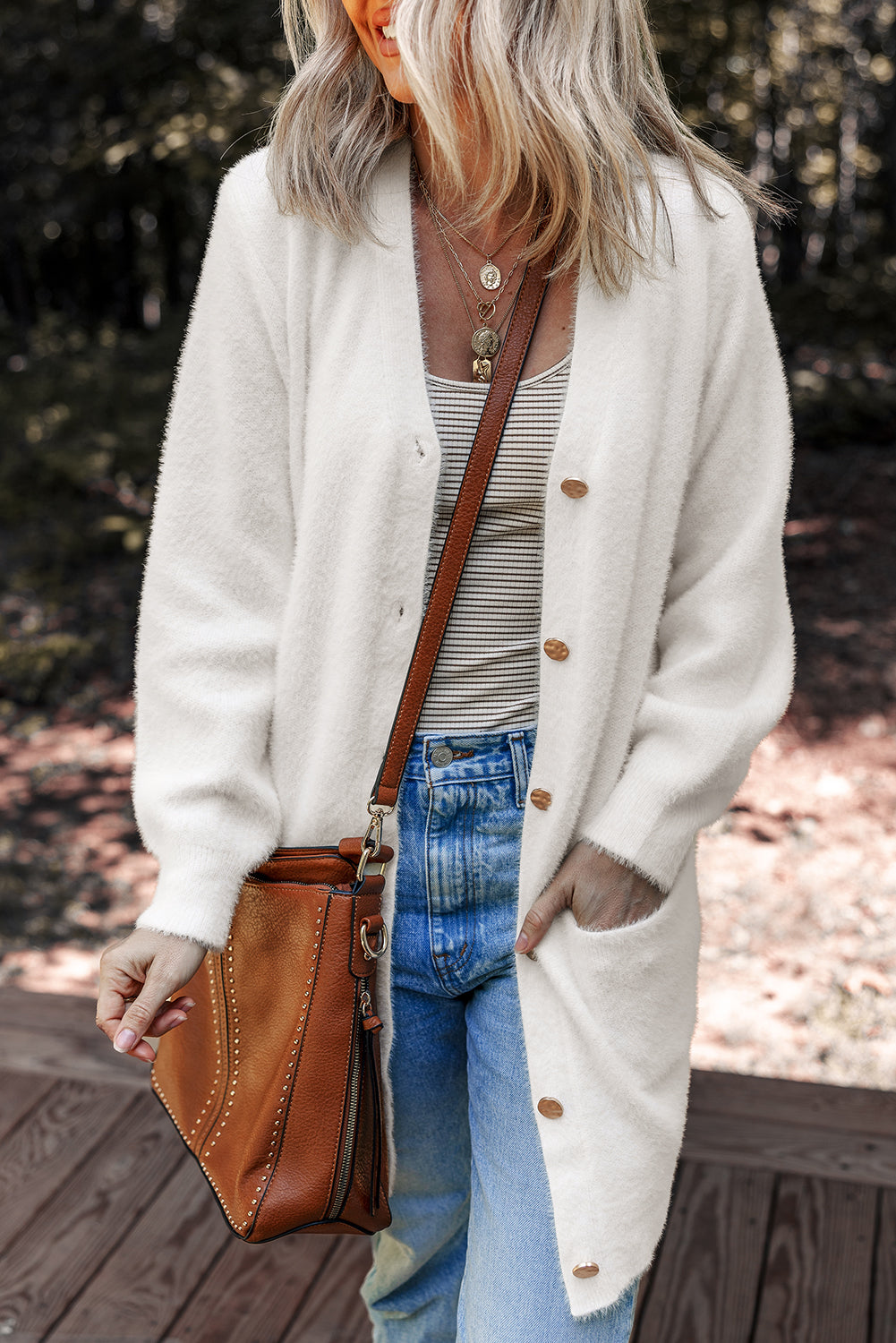 Smoke Gray Fuzzy Buttoned Front Midi Solid Cardigan