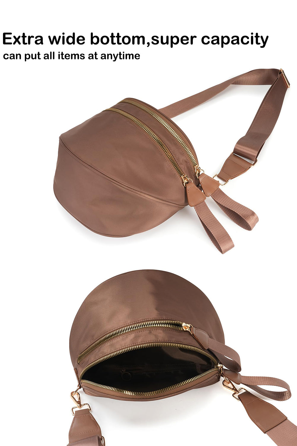 Pink Double Zip Crescent Shape Adjustable Sling Bag