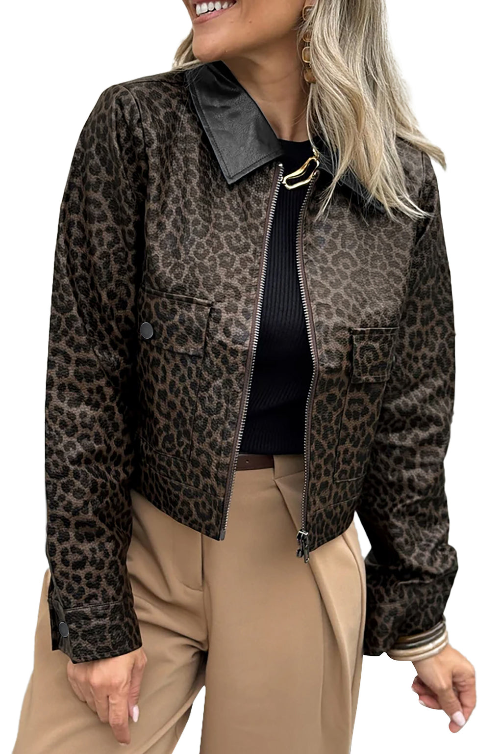 Multicolour Leopard Print Colorblock Collar Metal Placket Jacket