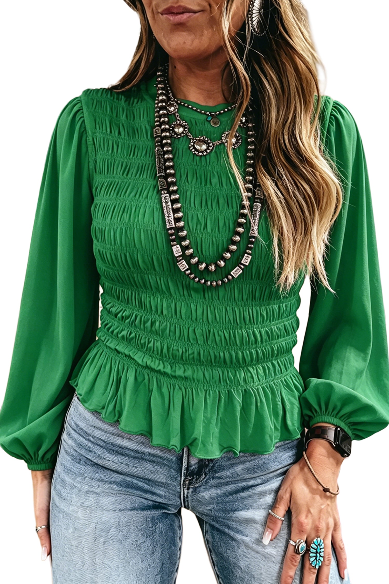 Racing Red Solid Color Smocked Ruffle Hem Long Sleeve Blouse