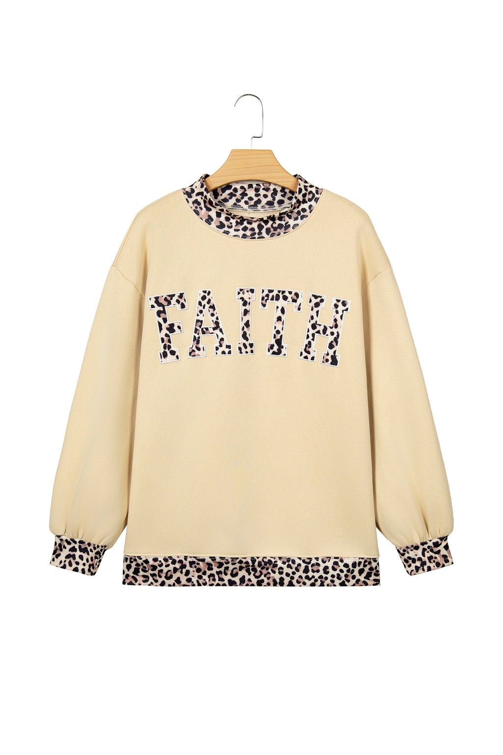 Parchment Leopard Trim High Neck FAITH Letter Graphic Baggy Sweatshirt