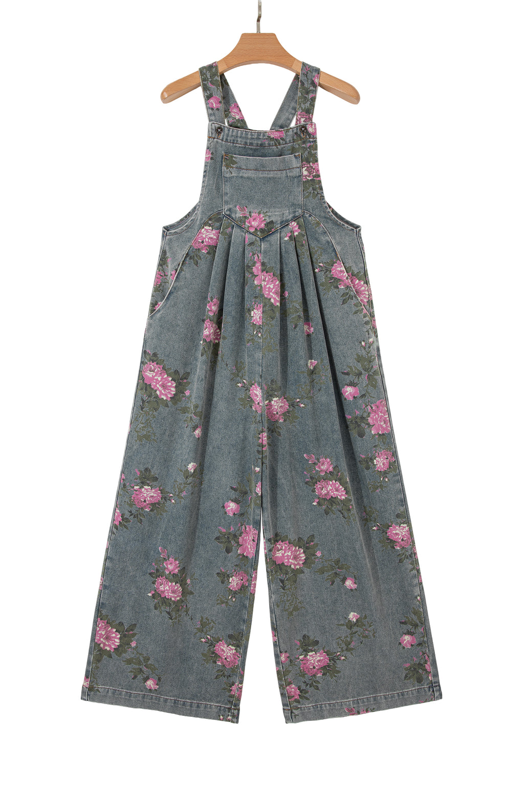 Blue Beau Floral Print Pleated High Waist Wide Leg Denim Jumpsuit