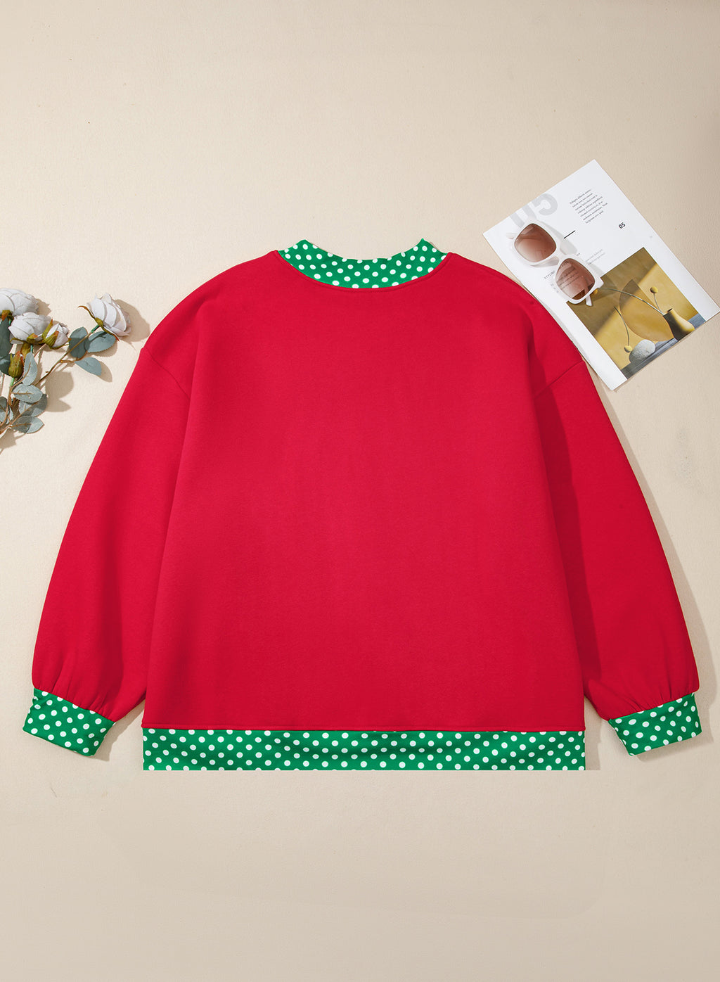 Red Polka Dot Patchwork Round Neck Plus Size Sweatshirt