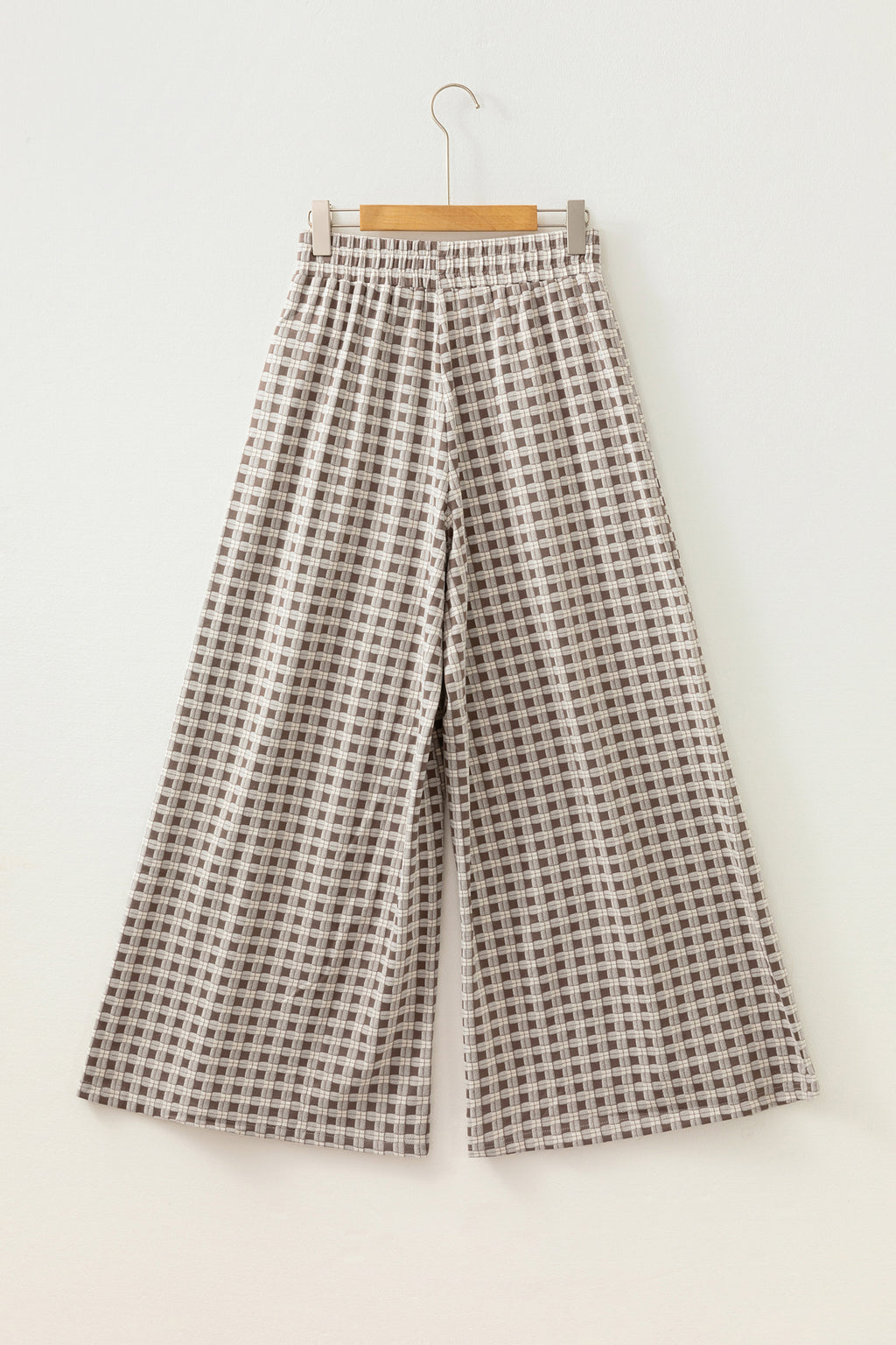 Khaki Plaid Elastic Waist Patch Pocket Wide Leg Pants