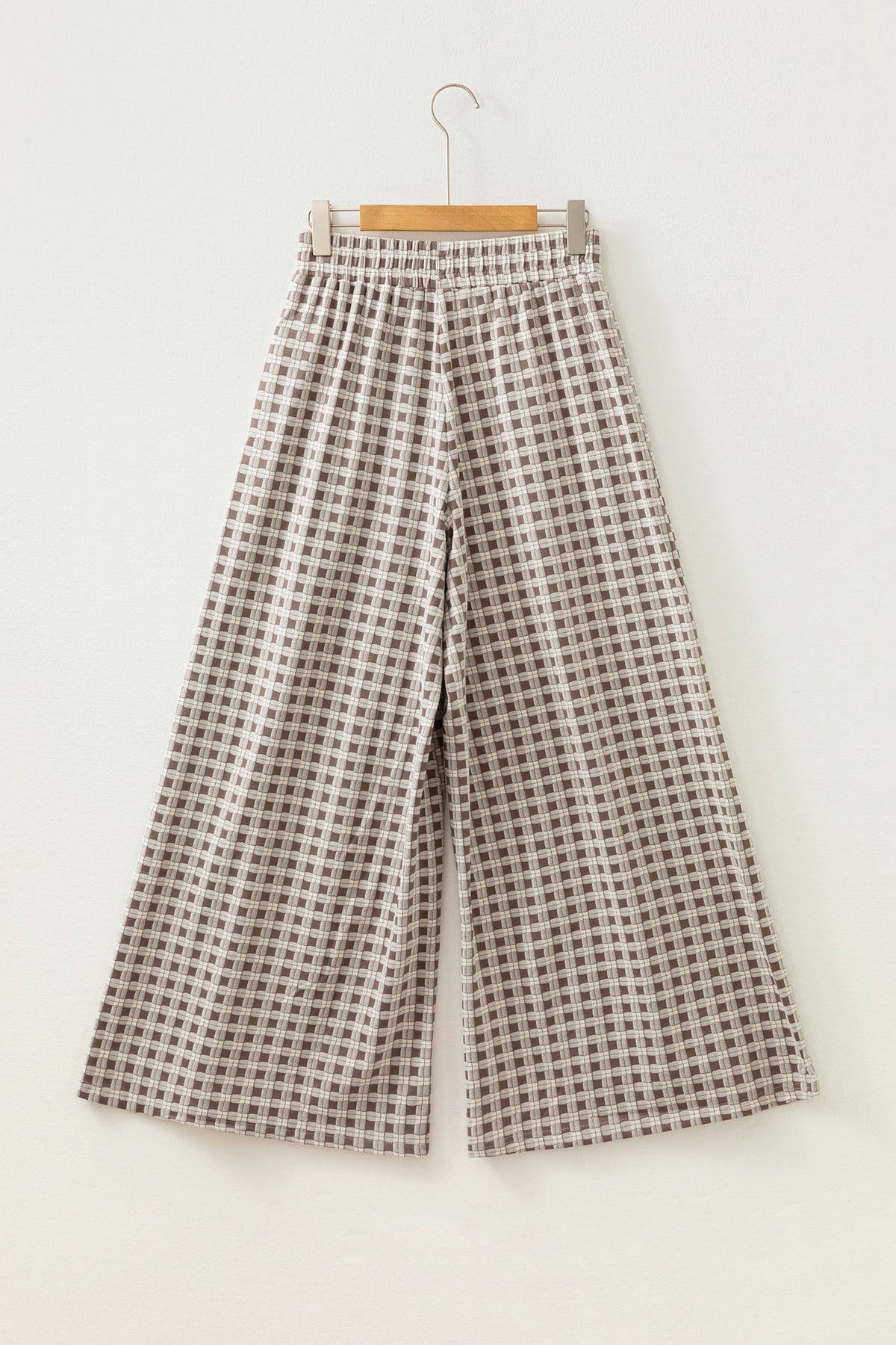 Khaki Plaid Elastic Waist Patch Pocket Wide Leg Pants