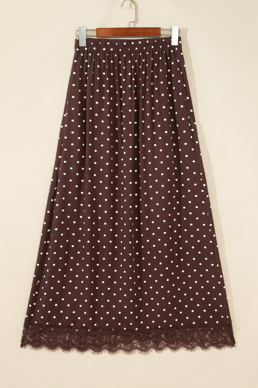 Khaki Polka Dot Lace Hem Elegant Long Shift Skirt
