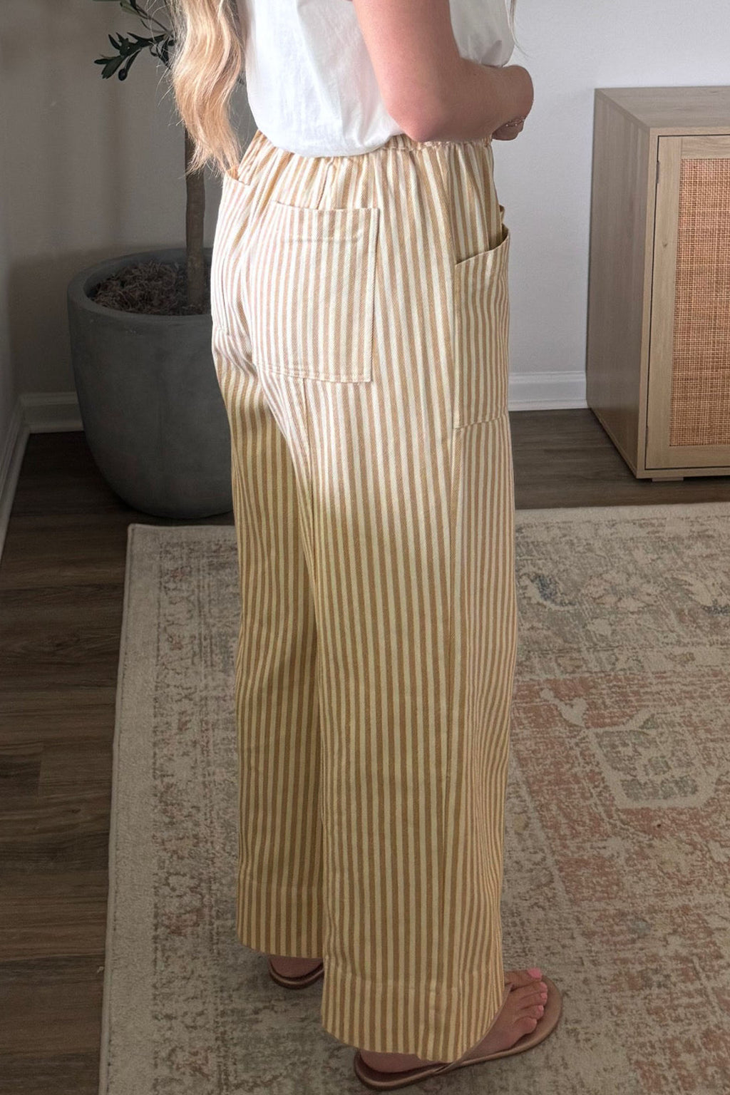 Apricot Stripe Ribbon Drawstring Waist Full-Length Shift Pant