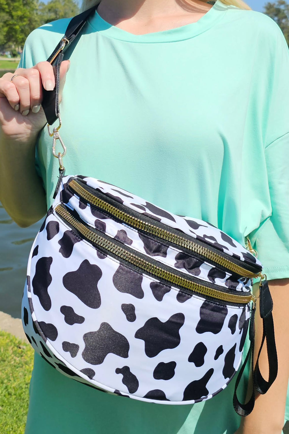 White Animal Spots Print Wide Strap Large Crossbody Bag