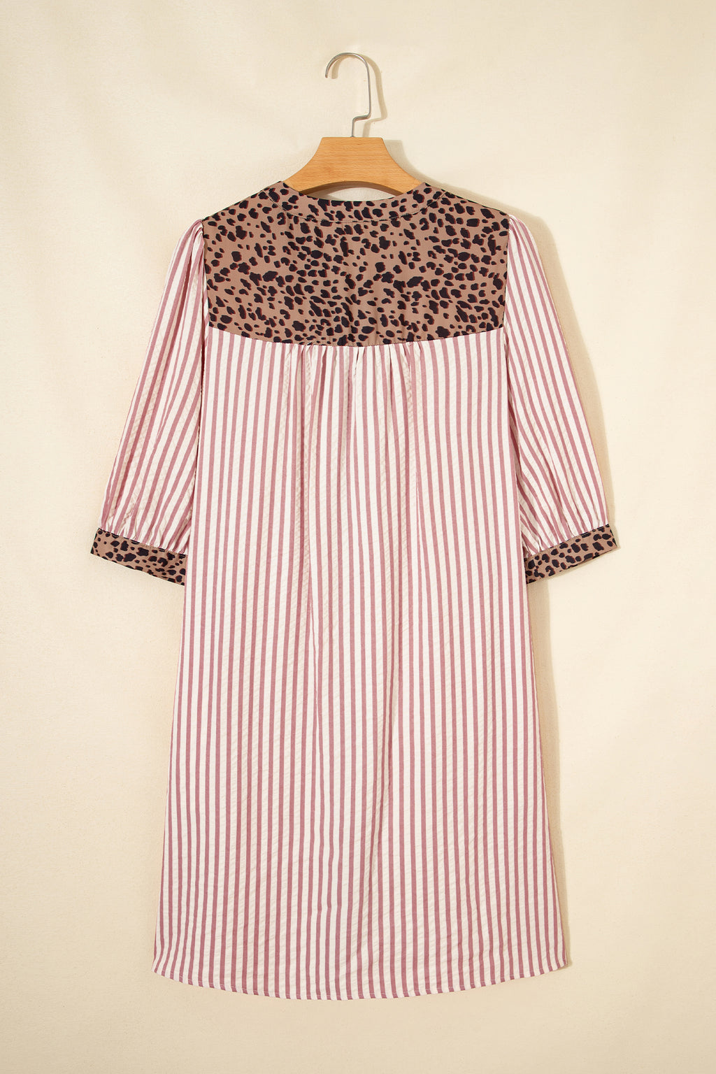 Pink Stripe Square Button Leopard Trim Loose Bracelet Sleeve Shirt Dress