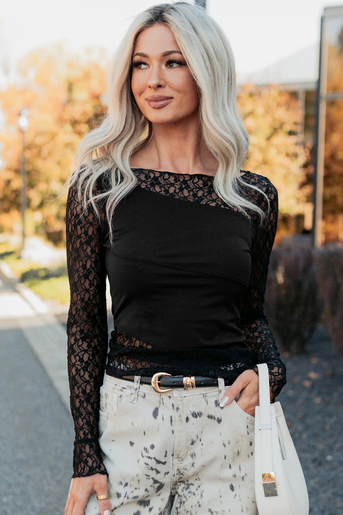 Black Asymmetric Panels Sheer Floral Lace Patchwork Long Sleeve Top