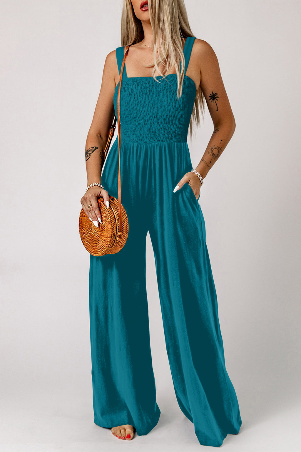 Purple Orchid Smocked Square Neck Sleeveless Jumpsuit with Pockets