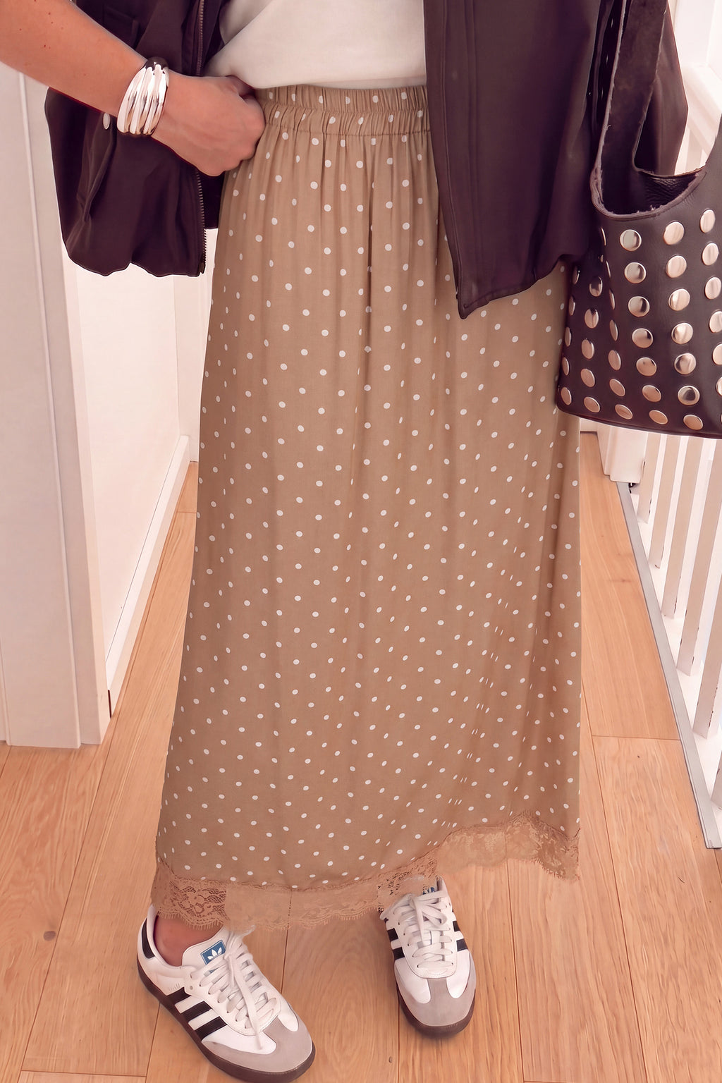 Khaki Polka Dot Lace Hem Elegant Long Shift Skirt