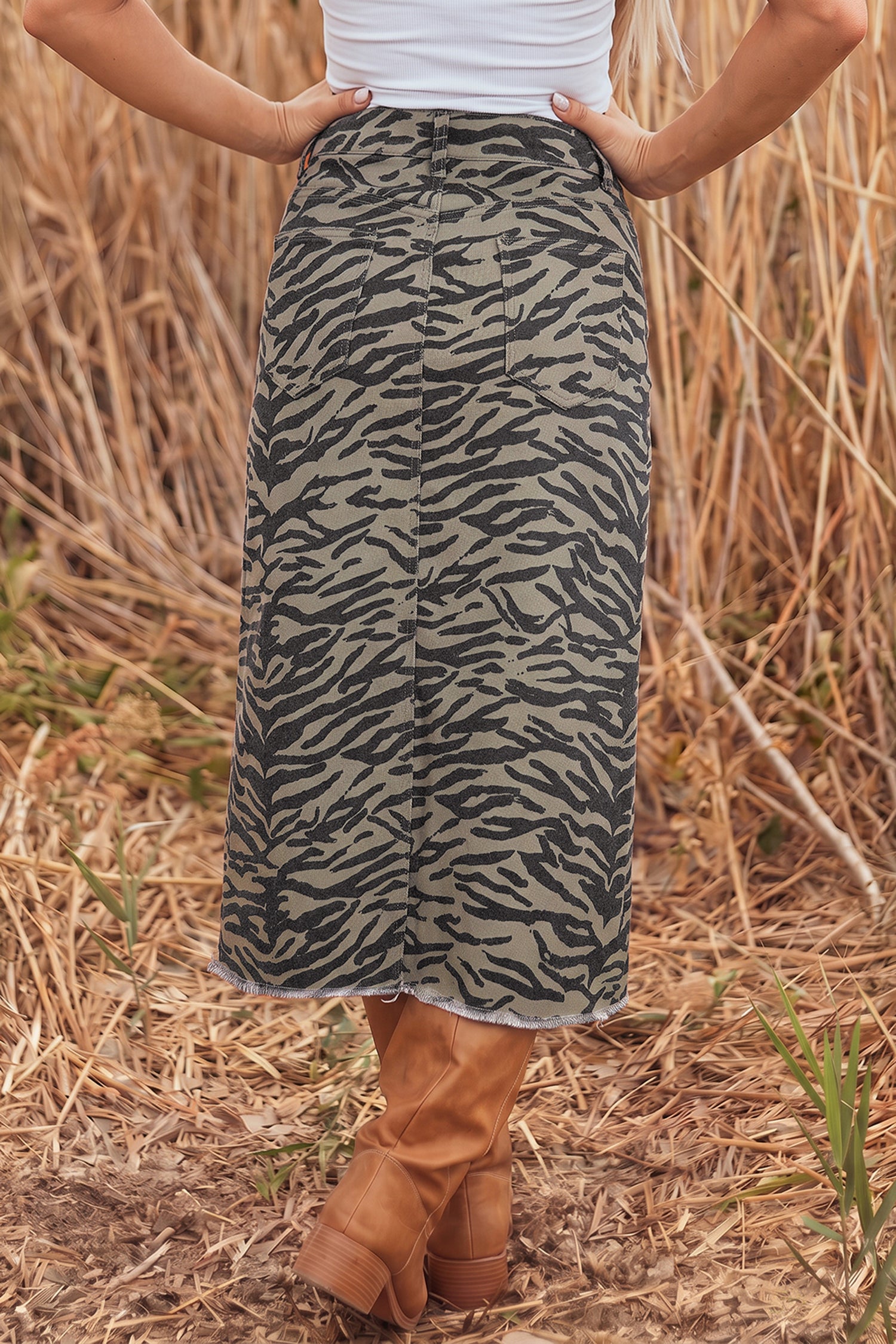 Brown Leopard Print Side Split Frayed Hem Denim Midi Skirt